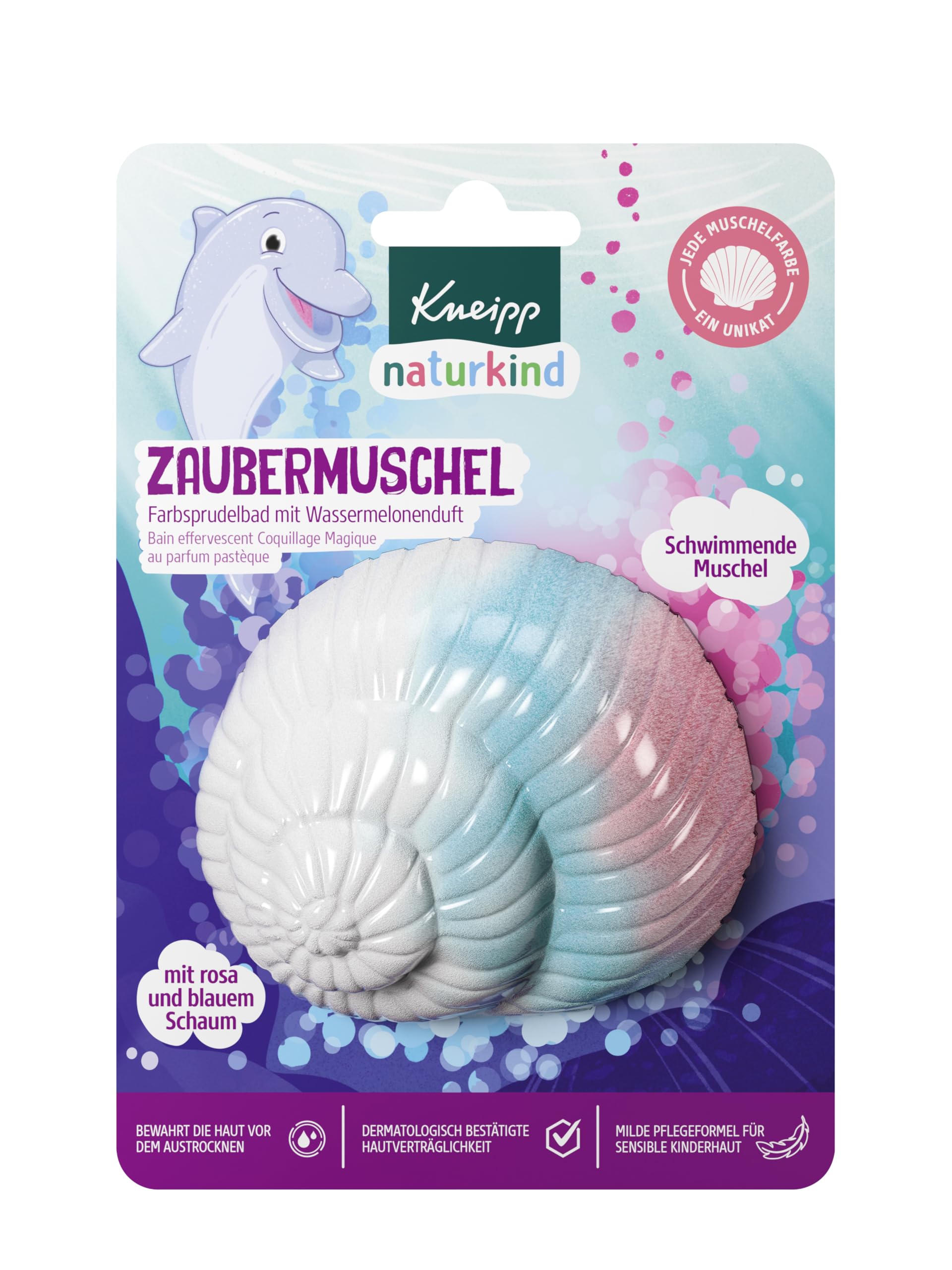 Kneipp naturkind Farbsprudelbad Zaubermuschel - Badezusatz mit wertvollem Traubenkern- & Avocadoöl - Schwimmende Muschel Duft nach Wassermelone für magischen Spaß in der Badewanne - 1St., 85g