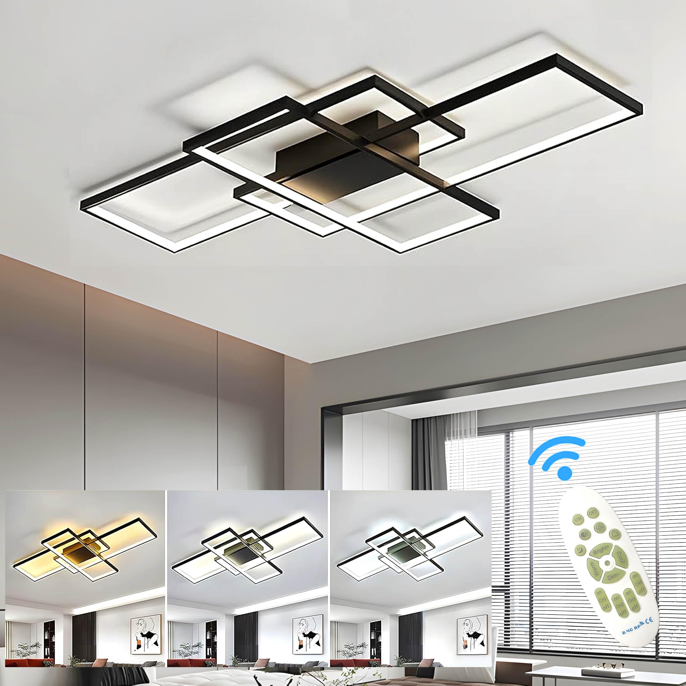 ASJK Lampadario Soggiorno Moderno 60W, Lampadario Soggiorno LED Rettangolare, illuminazione a Soffitto Multifunzionale Geometrica 3000k-6000k con Telecomando. (80 cm, Nero)
