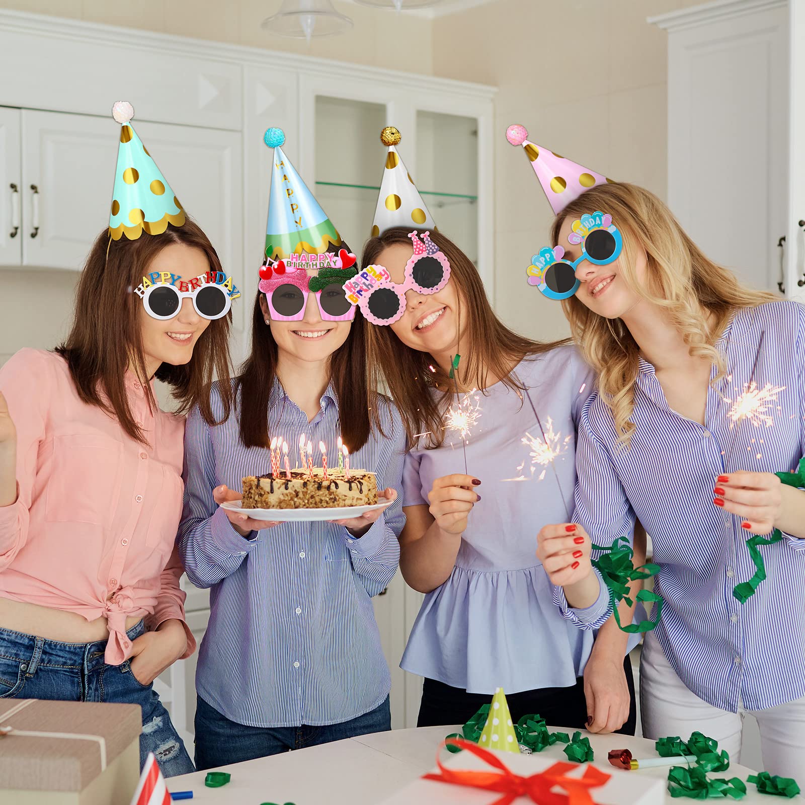 Gersoniel 16 Pcs Birthday Party Hats for Kids Adults Rainbow Colorful Sunglasses Cone Birthday Decorations Supplies (Glitter Style)