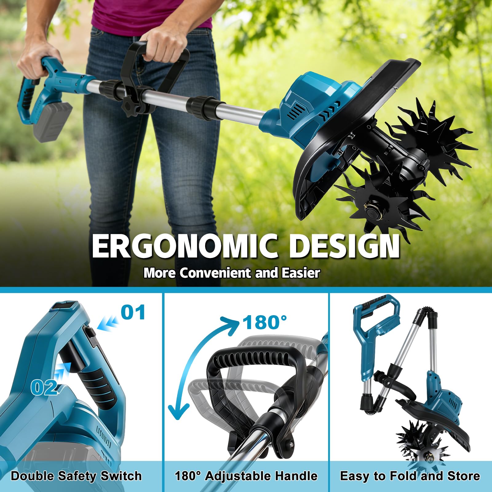 Akku Bodenhacke Motorhacke für Makita 18V (ohne Akku), 500W Bürstenloser Motor, 22cm Arbeitsbreite & 17cm Tiefe, 48 Robuste Stahlzinken, Leichte Elektro-Gartenfräse für Beete Hochbeete Gemüsegarten