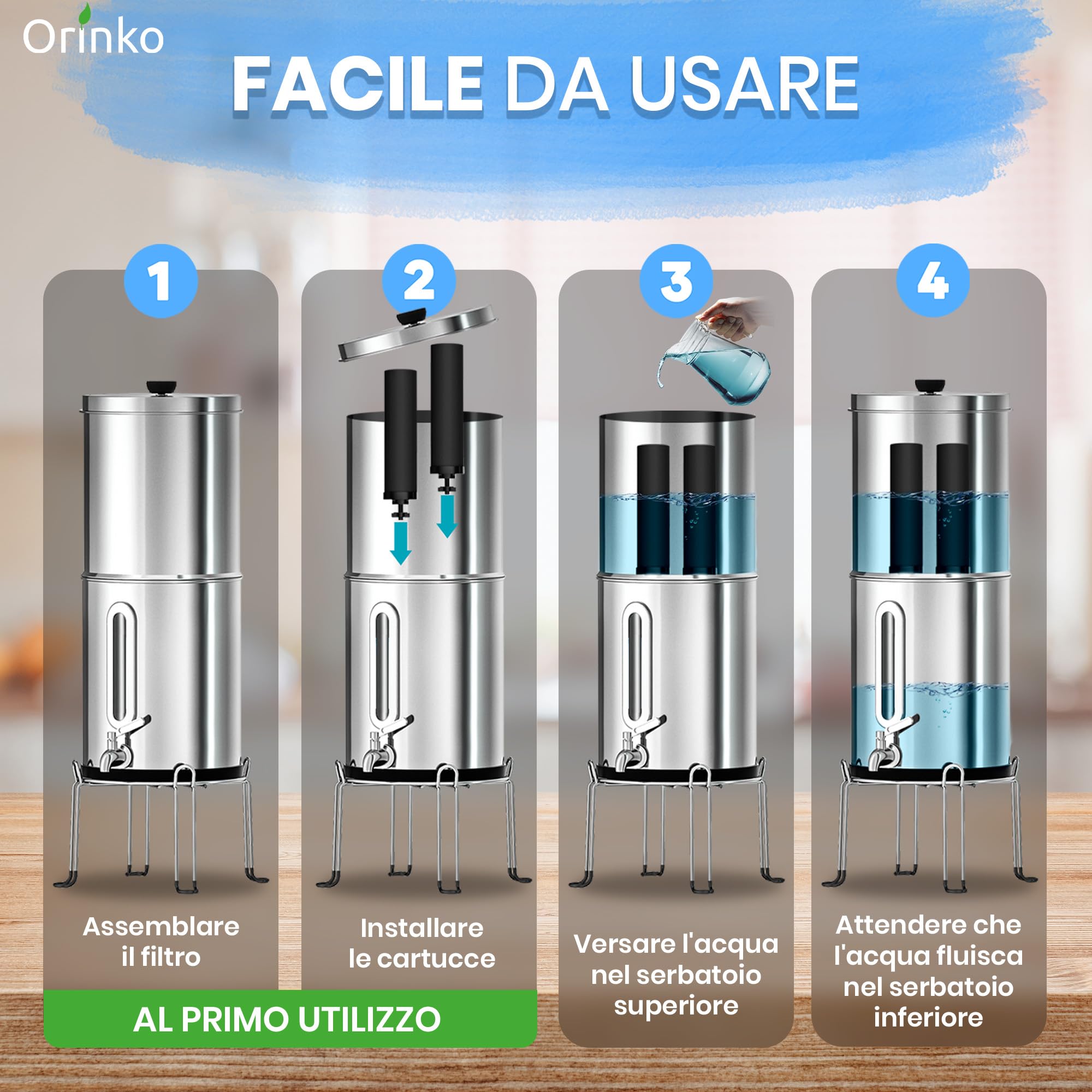 ORINKO® Filtro a Gravità per Acqua 5,6L - Purificazione Senza Elettricità per Casa e Campeggio - Microfiltrazione Metallo Inox con Cartuccia Carbone Attivo - Gusto Migliorato e Sicurezza per Famiglia