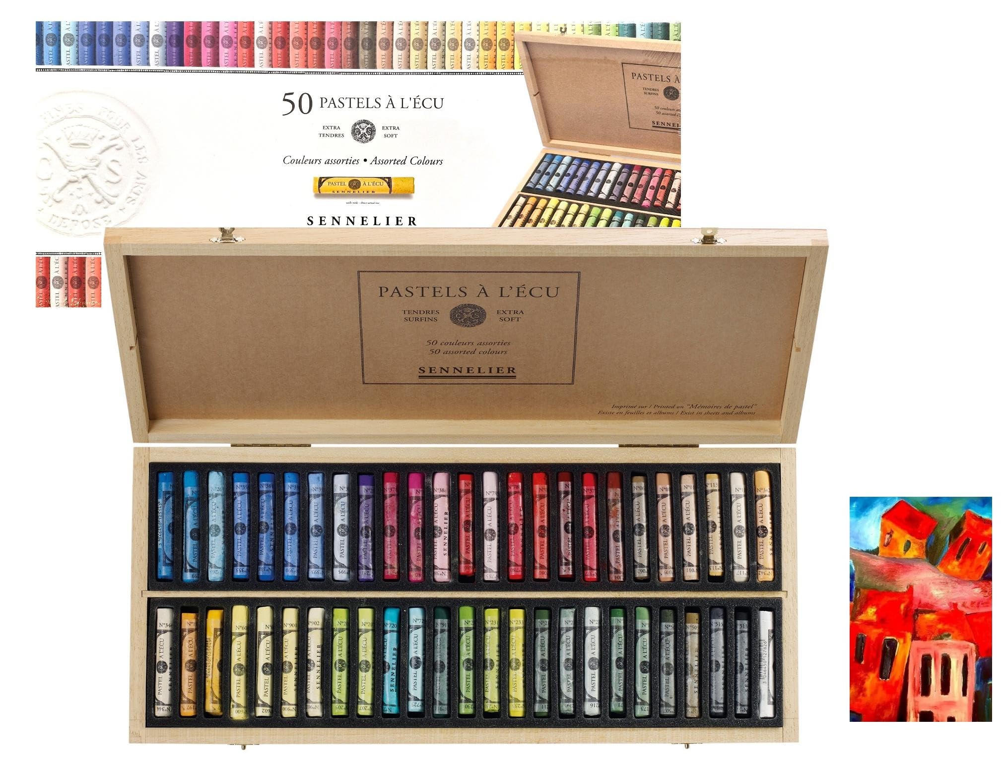Sennelier 50 pastels secs Coffret en bois pastels tendres à l'écu et 1 carte