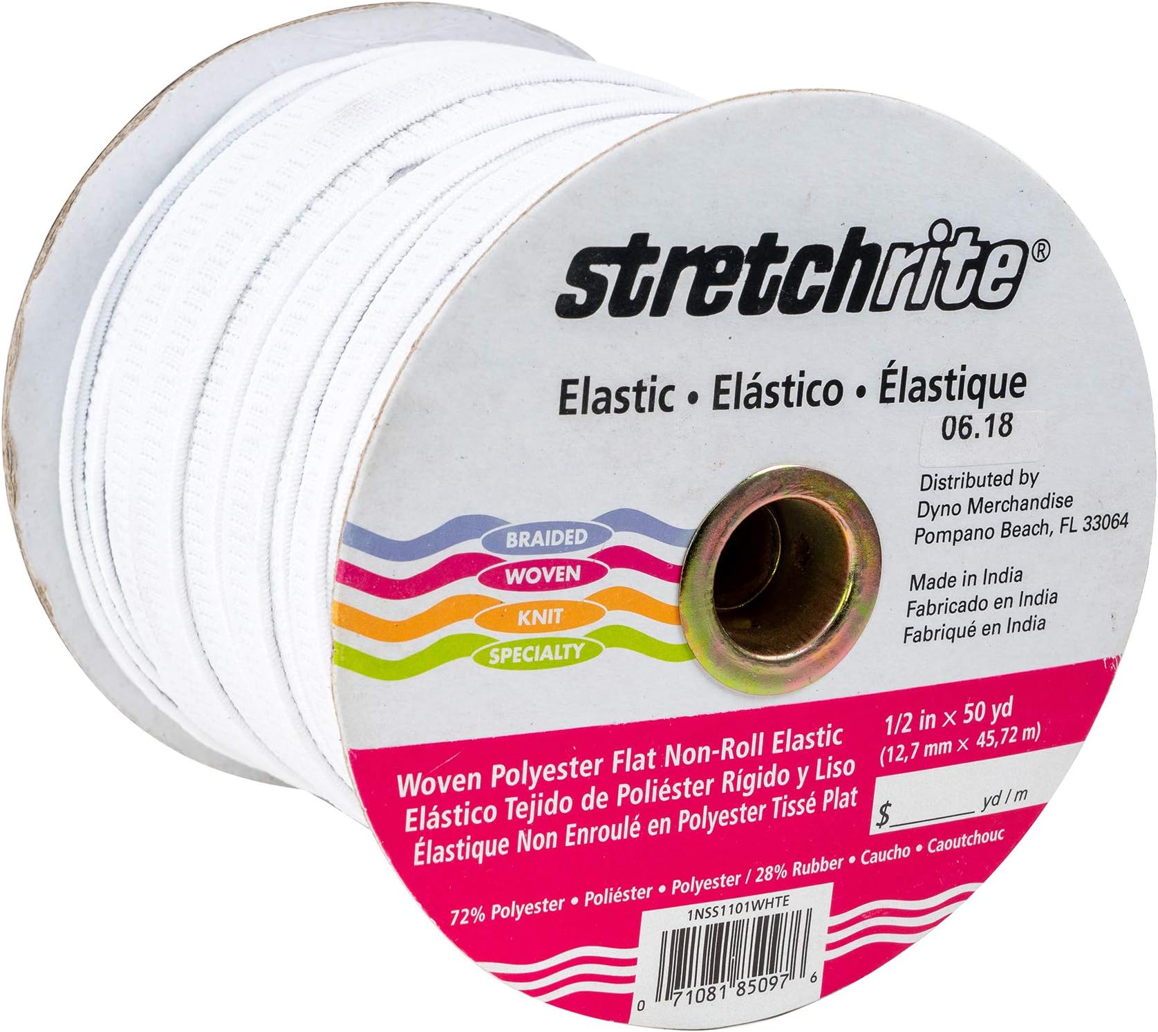 Stretchrite 1NSS1101WHTE Stretchrite 1/2 by 50-Yard White Flat Non-Roll Woven Polyester Elastic Spool