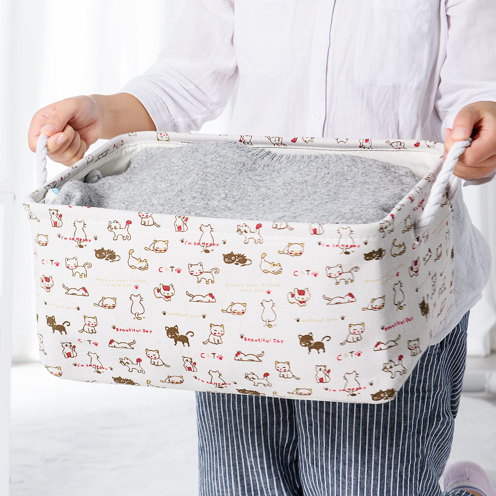 Rechteckige Stoff-Aufbewahrungskörbe für die Organisation (3er-Pack), dekorative Aufbewahrungskörbe für Regale, große Behälter mit Griffen für Schrank, Kleidung, Zuhause, Büro (Kätzchen)