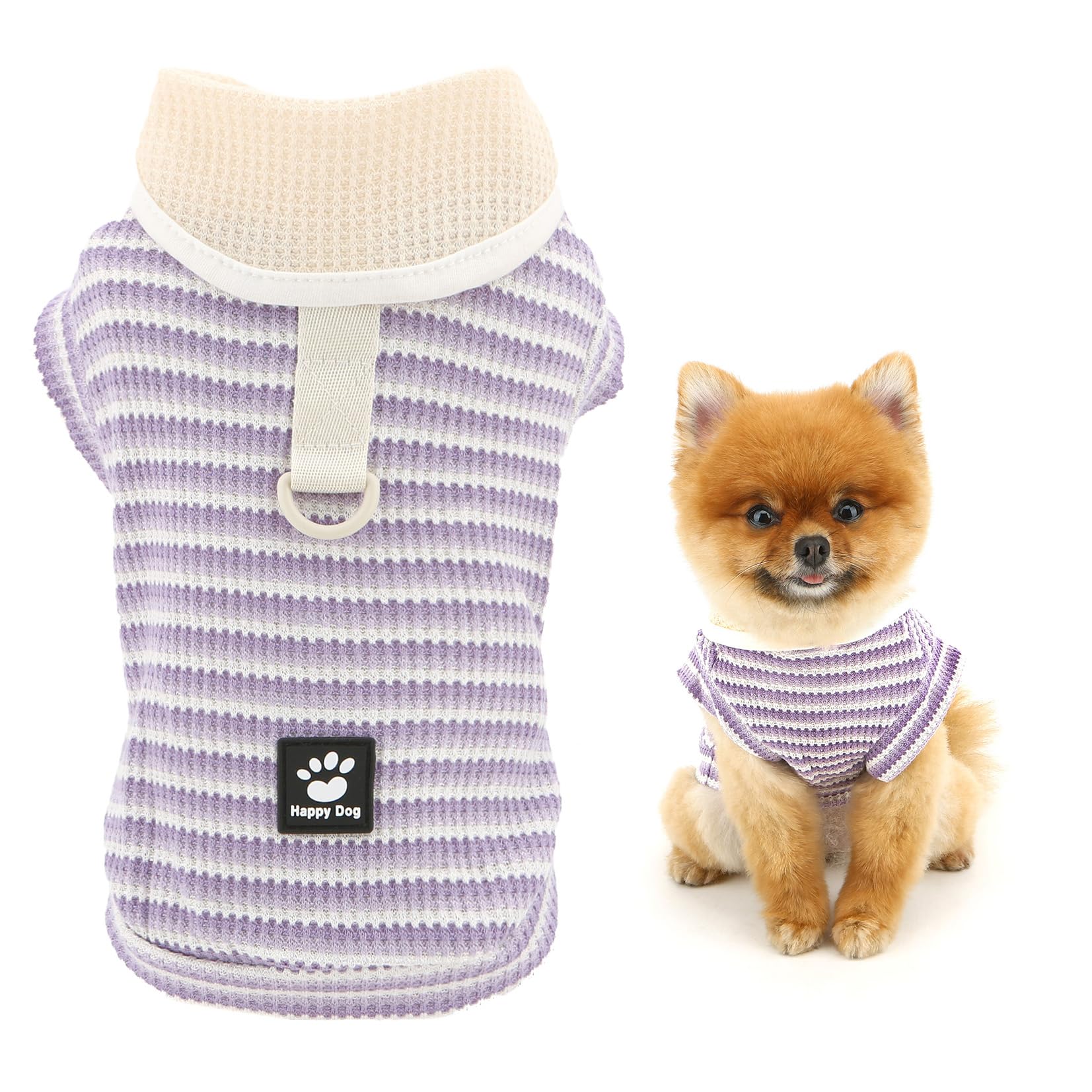SMALLLEE_LUCKY_STORE Knitted Waffle Dog T-Shirt for Xsmall Small Dog Striped Pet Pullover with D-ring Puppy Vest Stretchable Spring Summer Shirt Chihuahua Yorkie Cat Clothes, Purple, XL
