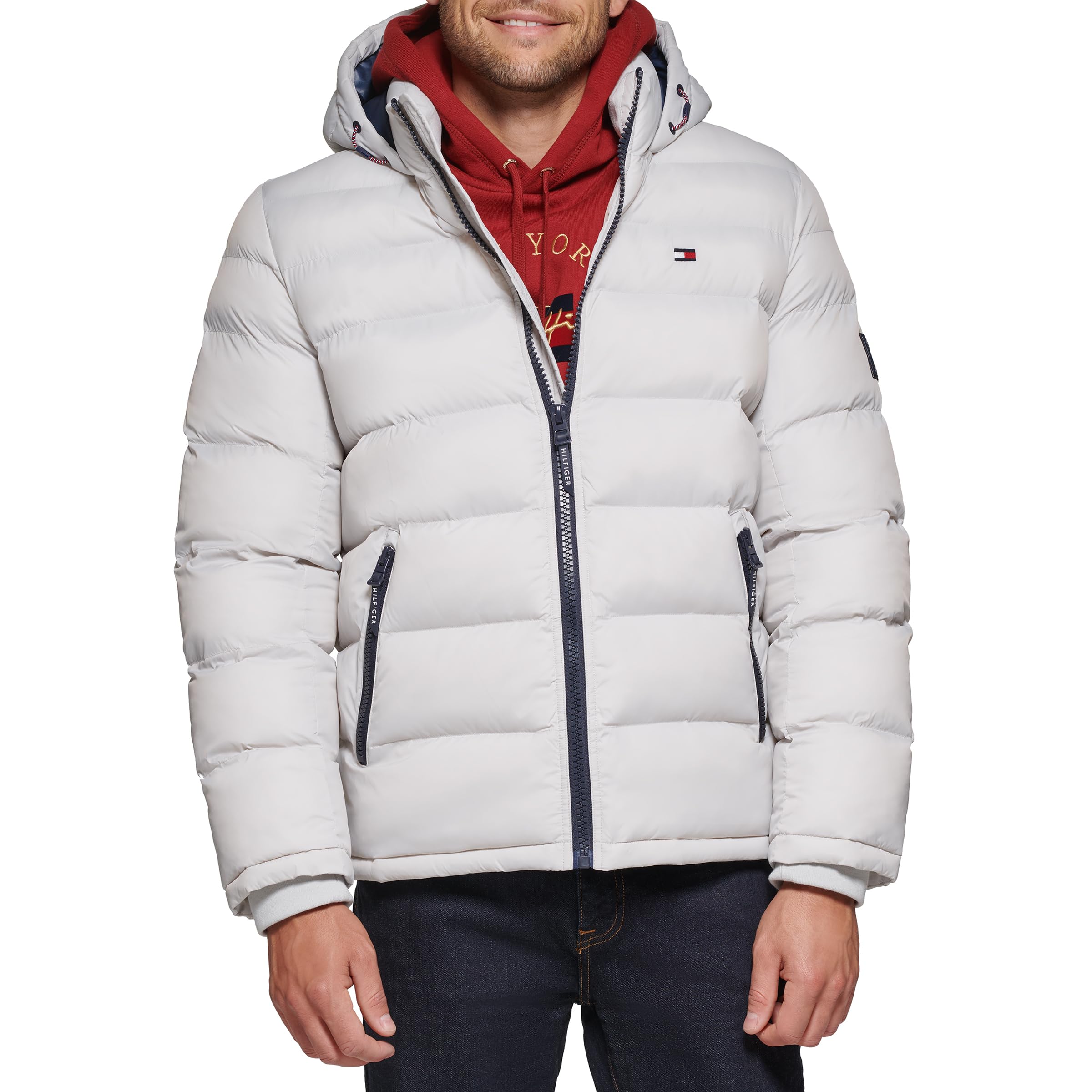Tommy Hilfiger Men's Hooded Puffer Jacket, Ice, XL