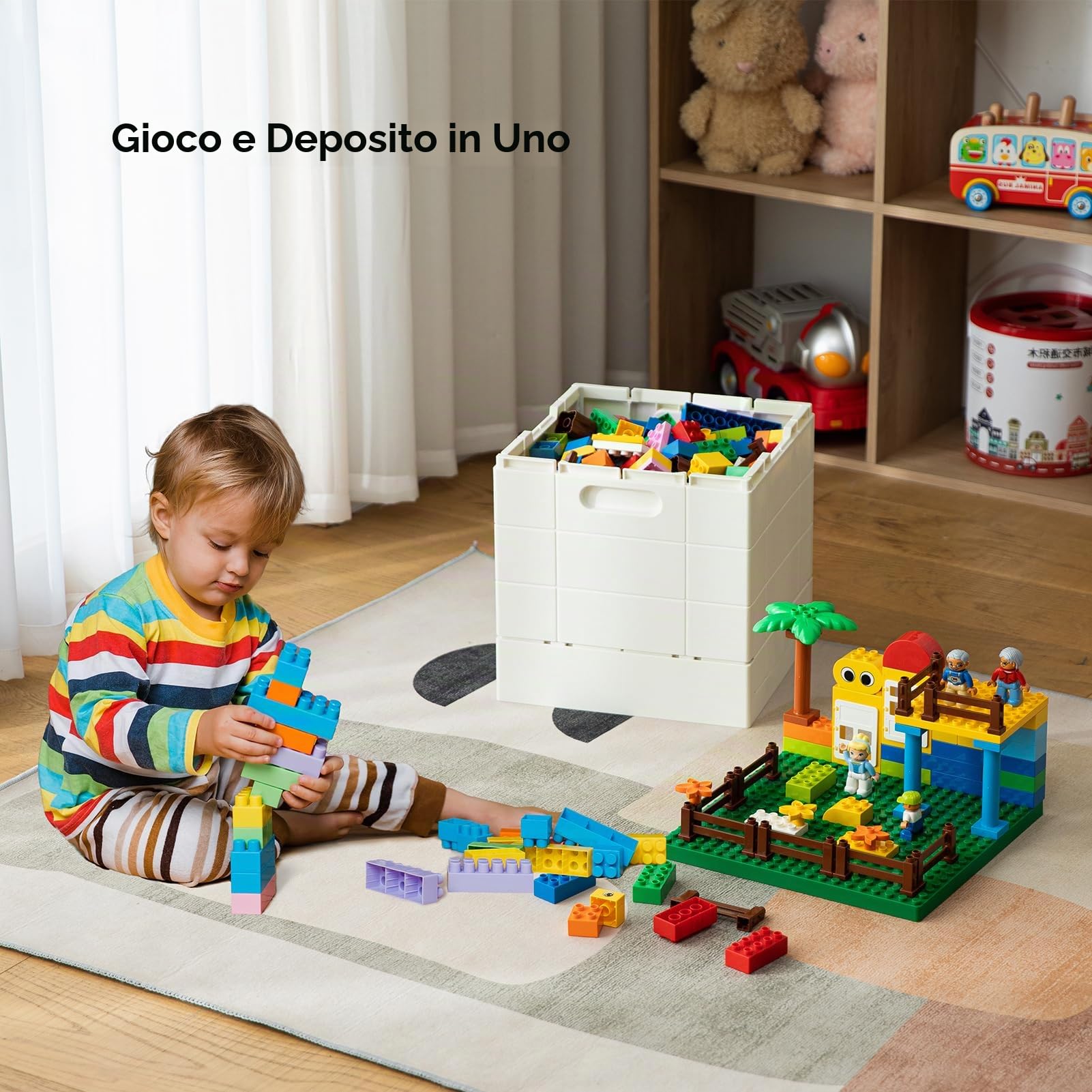 SHIMOYAMA Scatola portaoggetti pieghevole con coperchio della piastra di base per Duplo, cestino impilabile da 25 litri con tavola separata per Lego, contenitore pieghevole da 26 litri, per Lego Duplo