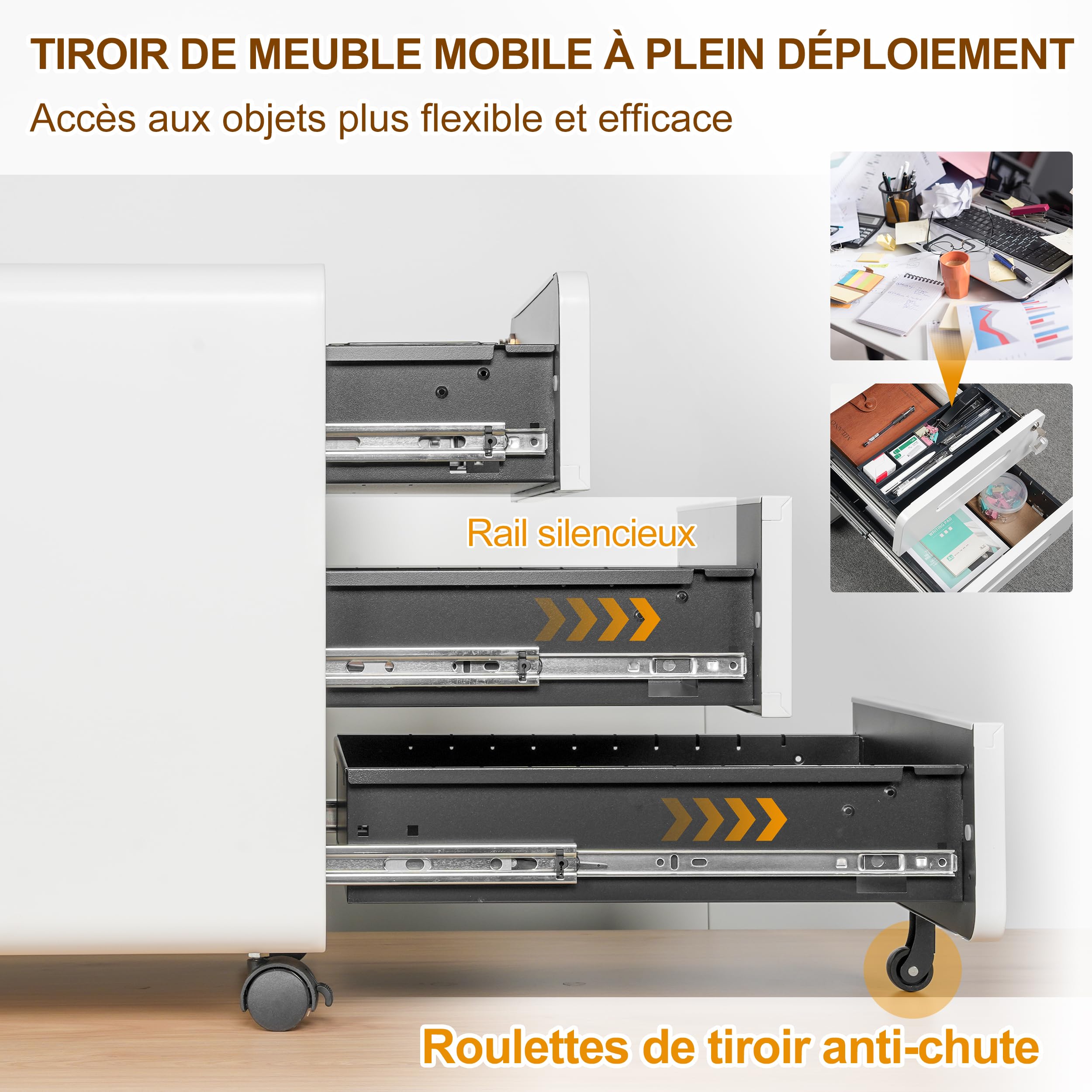 Caisson Bureau, Verrouillable, À 3 Tiroirs, Meuble Bureau, Conception à Coins Arrondis, 4 Clés, Prémonté, Télétravail et Blanc
