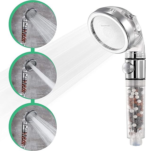 StoneStream® Shower Head Eco Power- Original High Pressure Ionic Shower Head with 3 Spray Settings  with EcoStop Button for Non-Electric Showers Only