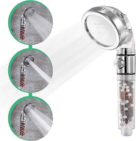 Original StoneStream Filtered Shower Head, Eco Power High Pressure Water Softener Showerhead with ON/OFF switch and Spa like Ionic beads for Dry Skin & Hair 3 Spray Settings