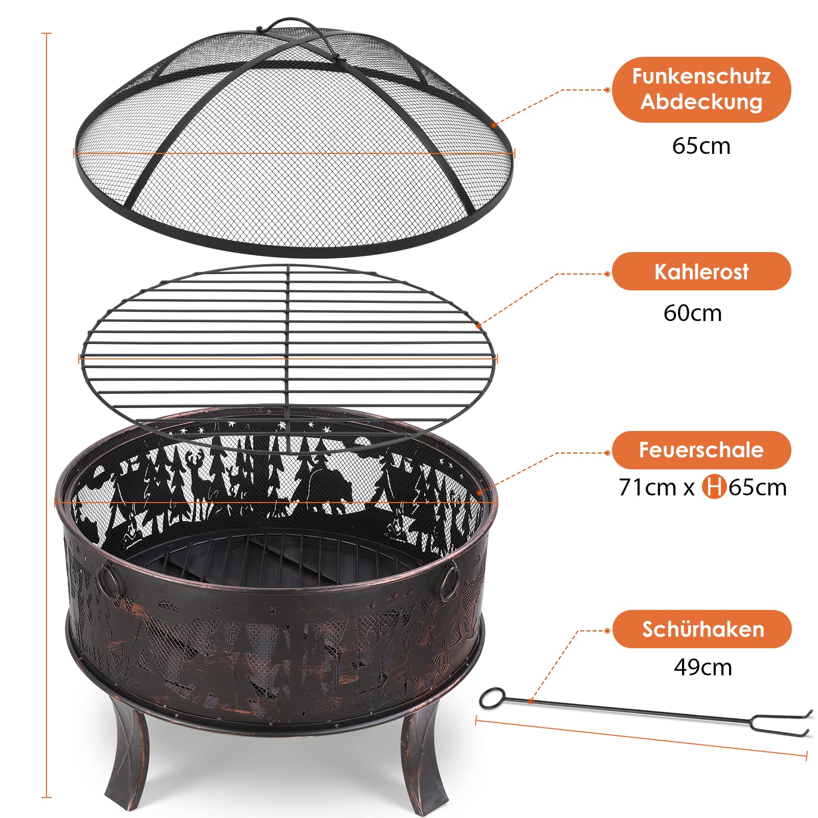 TLSUNNY Feuerschale Garten, Feuerkorb mit Funkenschutz, Feuerstelle Retro-Look, inkl,Poker & Kohlerost & 4 PCS Füße, Heizung im Winter, Stabil, Exquisites Elchmuster Ø71x65cm,für Garten,Camping,Strand | Inkl,Poker & Kohlerost & 4 PCS Füße, Heizung im Wint