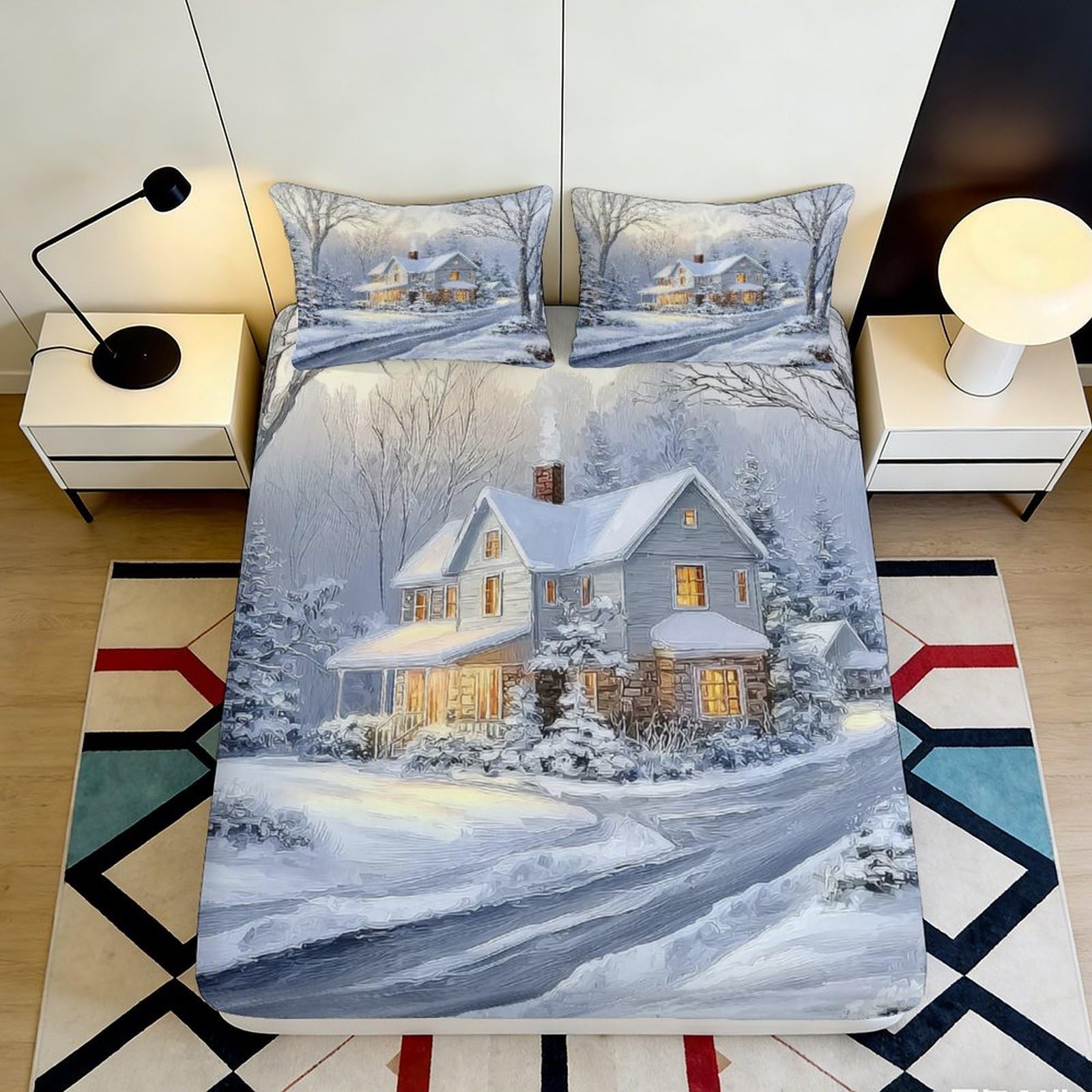 Pnayamiorkfel Style-8 3D Printed Winter Cottage Fitted Sheet Microfiber Soft Scenic Snowy House Mattress Cover Bedroom Decor 90X200x25cm