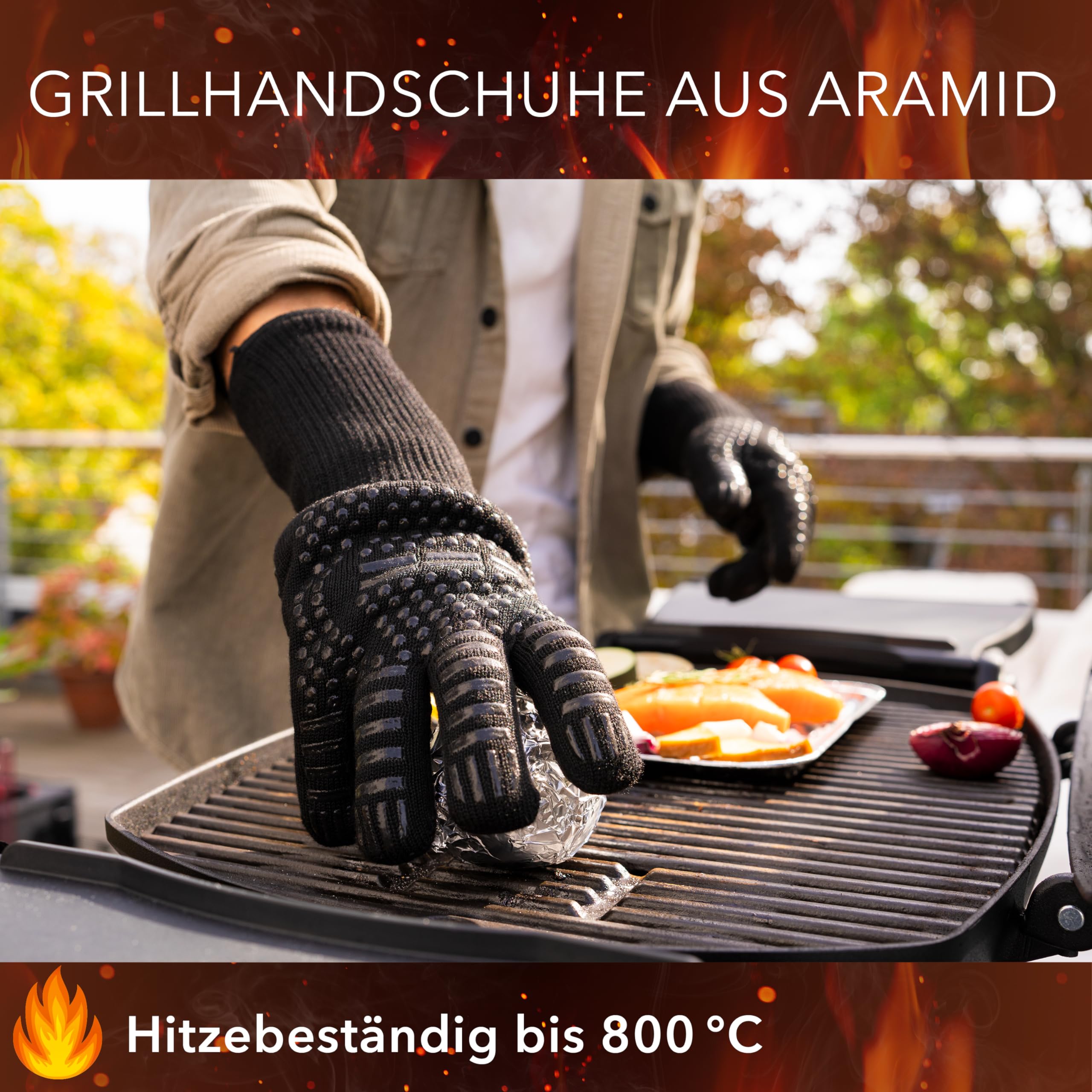 AVANA Aramid rękawice do grilla, odporne na wysokie temperatury do 800°C, rękawice do pieczenia, rękawice do garnków, rozmiar uniwersalny, czarne