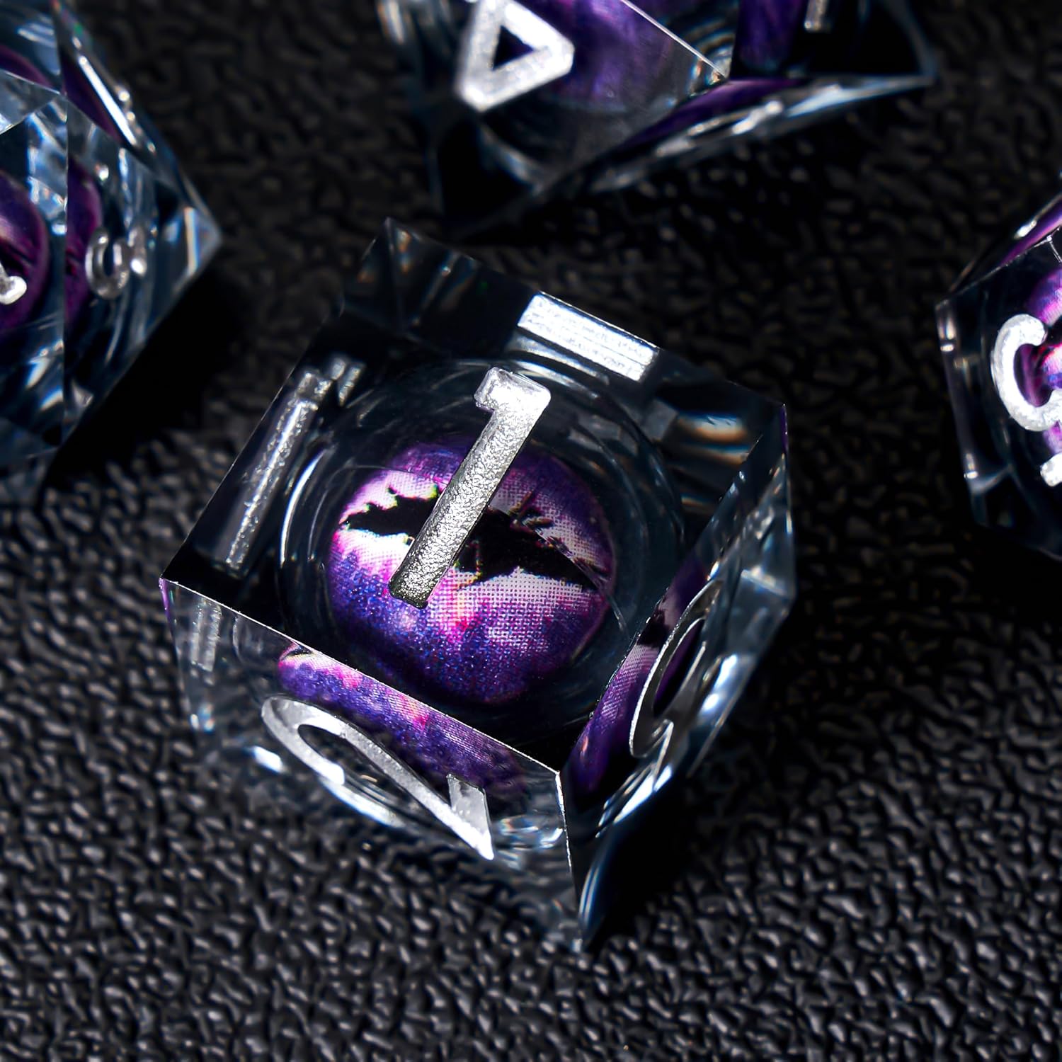 Beholder's Dragon Eye DND Dice Set, 7pcs Liquid Core Dice with Gift Box, Handmade Sharp Edge Resin Dice for Role Playing Dungeons and Dragons Ttrpg(Dark Purple Dragon Eye)
