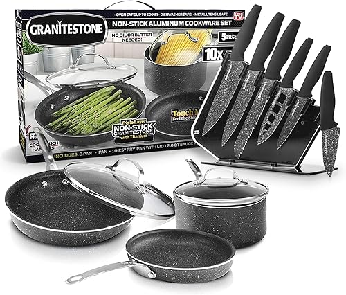 Granitestone Juego de utensilios de cocina antiadherentes originales de 18 piezas y cuchillos Nutriblade de acero inoxidable ultra afilados,