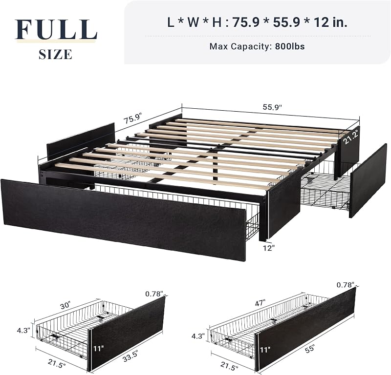 Allewie Full Size Platform Storage Bed Frame with 3 Drawers, Black image 2