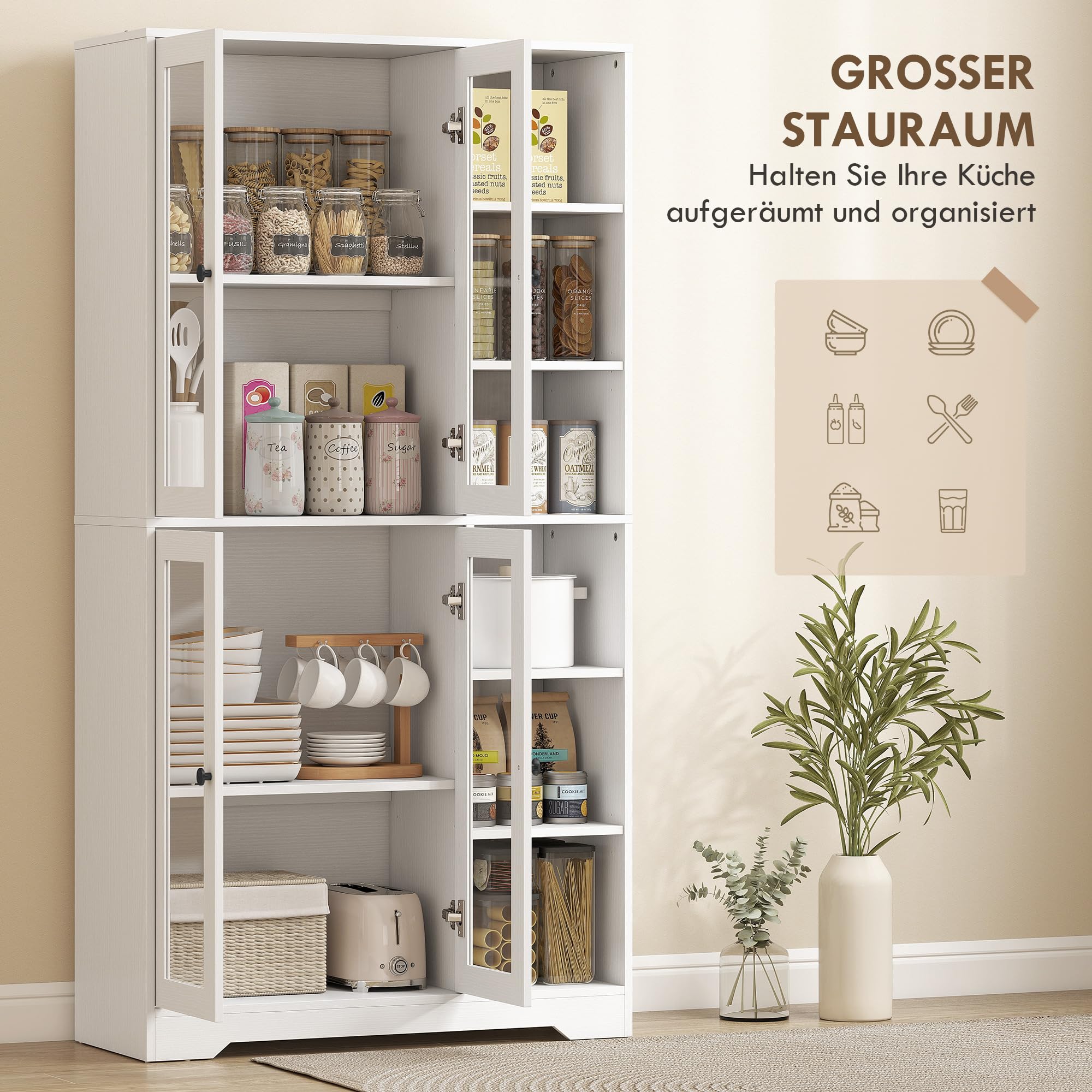 HOMCOM Küchenschrank mit 4 Soft-Close-Glastüren 90 x 35 x 172 cm Weiß | Buffetschrank, 6 Offenen Fächern, Moderner Hochschrank mit Verstellbaren Einlegeböden, Vorratsschrank