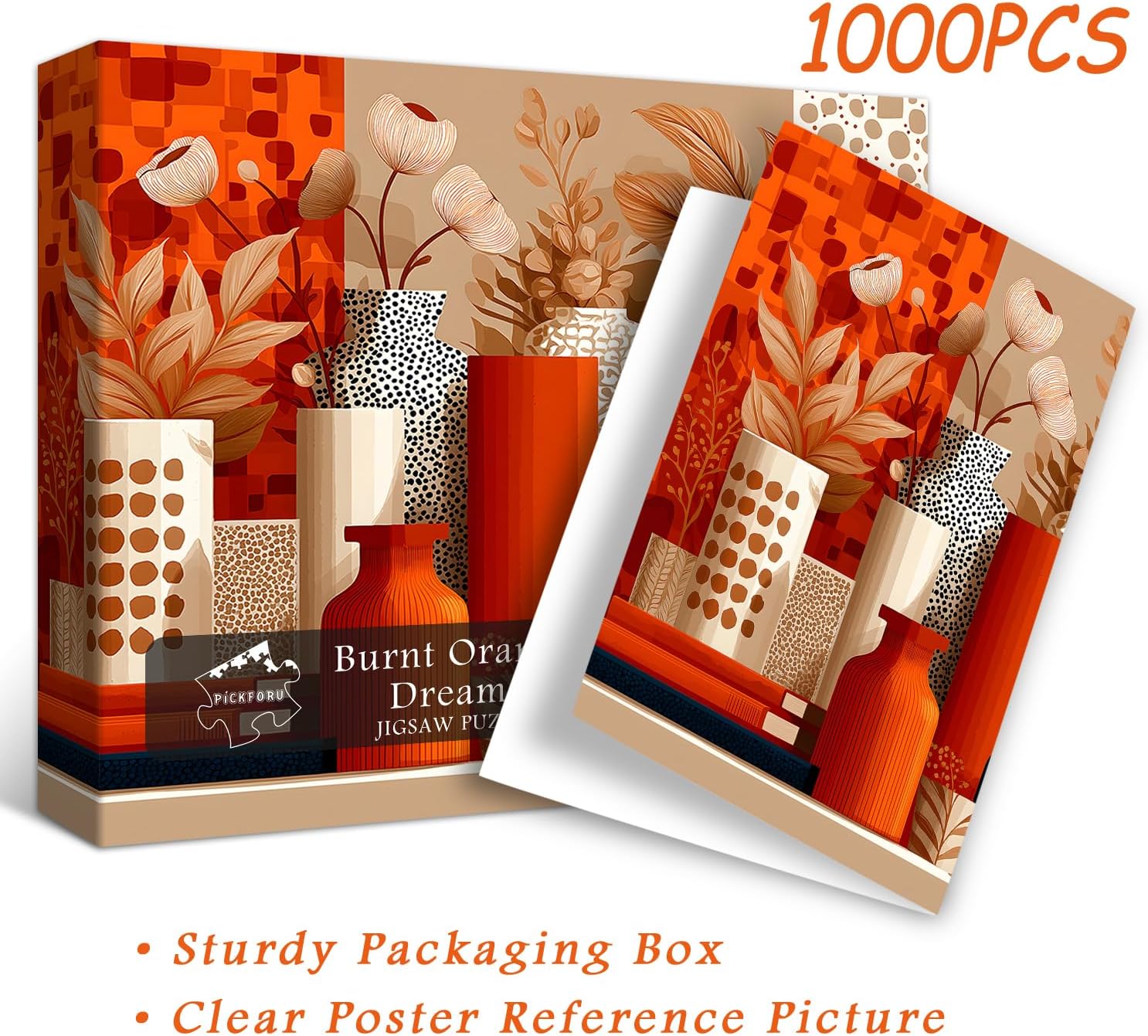 PICKFORU Burnt Orange Dreams Jigsaw Puzzles 1000 Pieces, Geometric Vase Bohemian Art Puzzles for Adults, Flower Plant Puzzle as Wall Decor
