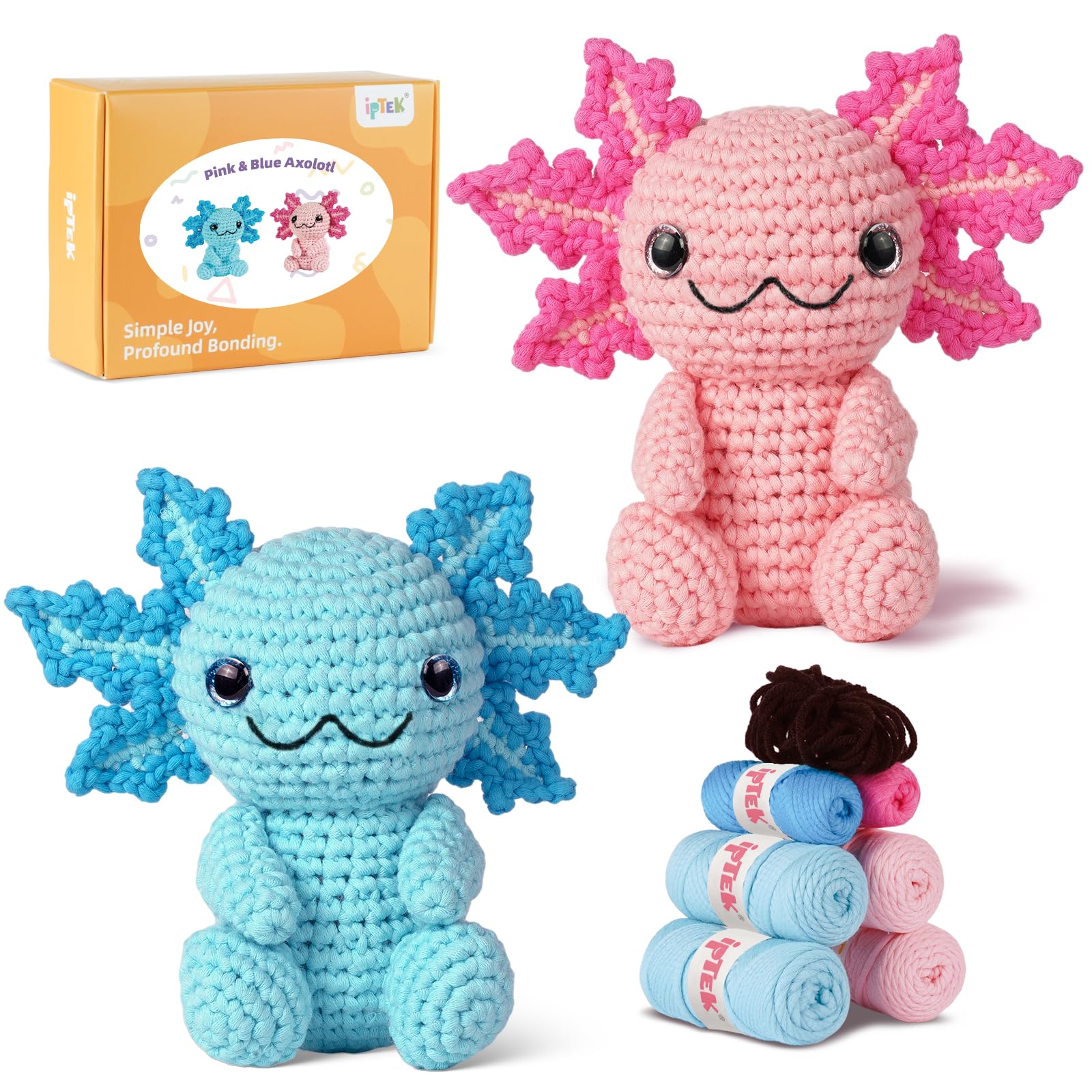 Iptek Pink-Blue Axolotl Crochet Kit For Beginners, Crochet Animal Kits,Crocheting Kit For Starters With Step-By-Step Video Tutorials, Beginner Crochet Kits For Adults (2Pack Axolotl)