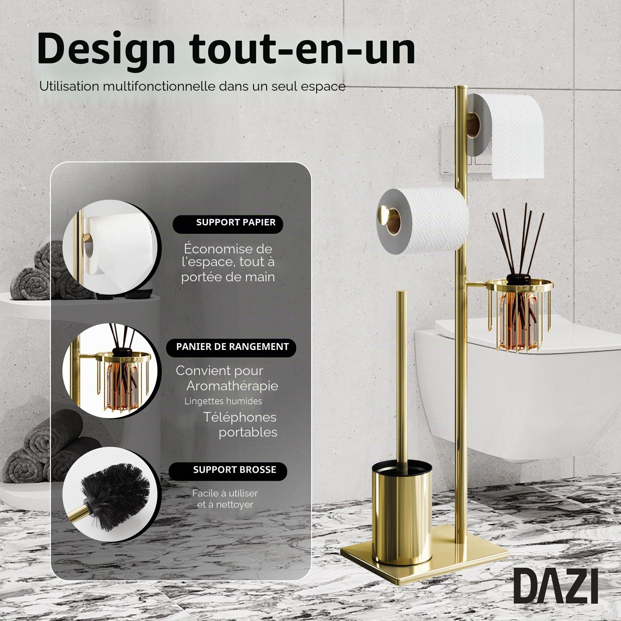 Porte-Papier Toilette en Acier Inoxydable avec Brosse WC et Panier d’Angle Rond. Design élégant, Durable, résistant à la Rouille et idéal pour Gagner de l’Espace (Or)