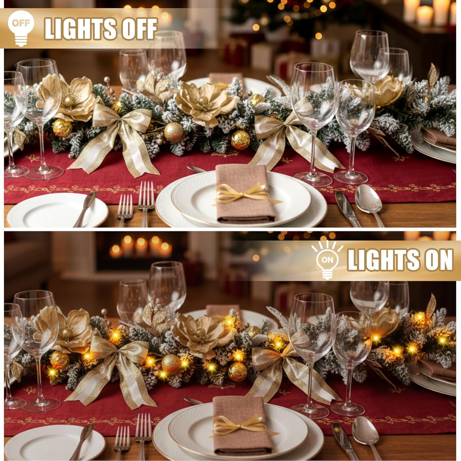 Syhood Champagne Christmas Garland 6.5 ft Christmas Flocked Garlands for Mantle with Large Magnolia Flower, Globe String Lights, Large Bows, Glitter Berries and Leaves for DIY Stair Indoor Xmas Decor - Image 4