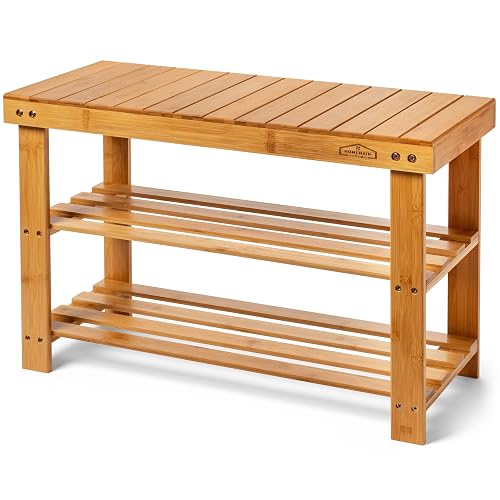 Purawood Bamboo 3 Tier Shoe Rack Bench, Premium Shoe Organizer