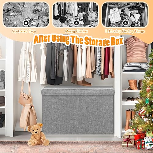 Miniatura 3 de Caja Grande de Almacenamiento de Juguetes con Divisor de Tapa, Cofre Organizador de Juguetes Plegable Resistente Contenedores Cajas Cestas de Gris