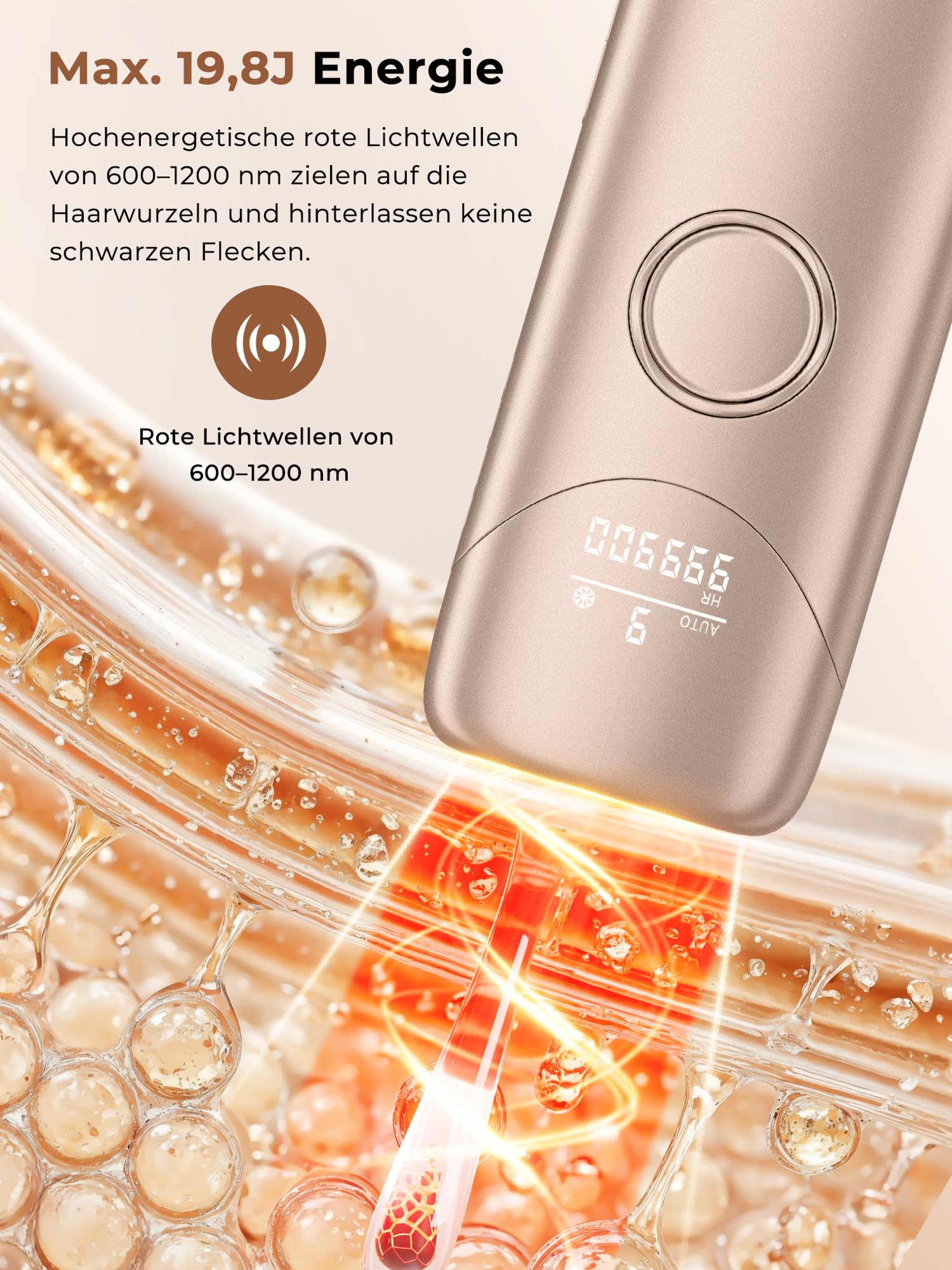 IPL Geräte Haarentfernung mit Kühlfunktion, 9 Energiestufen, 999900 Blitze & 600 NM Rotlicht, Schmerzfrei für Frauen & Männer Gold