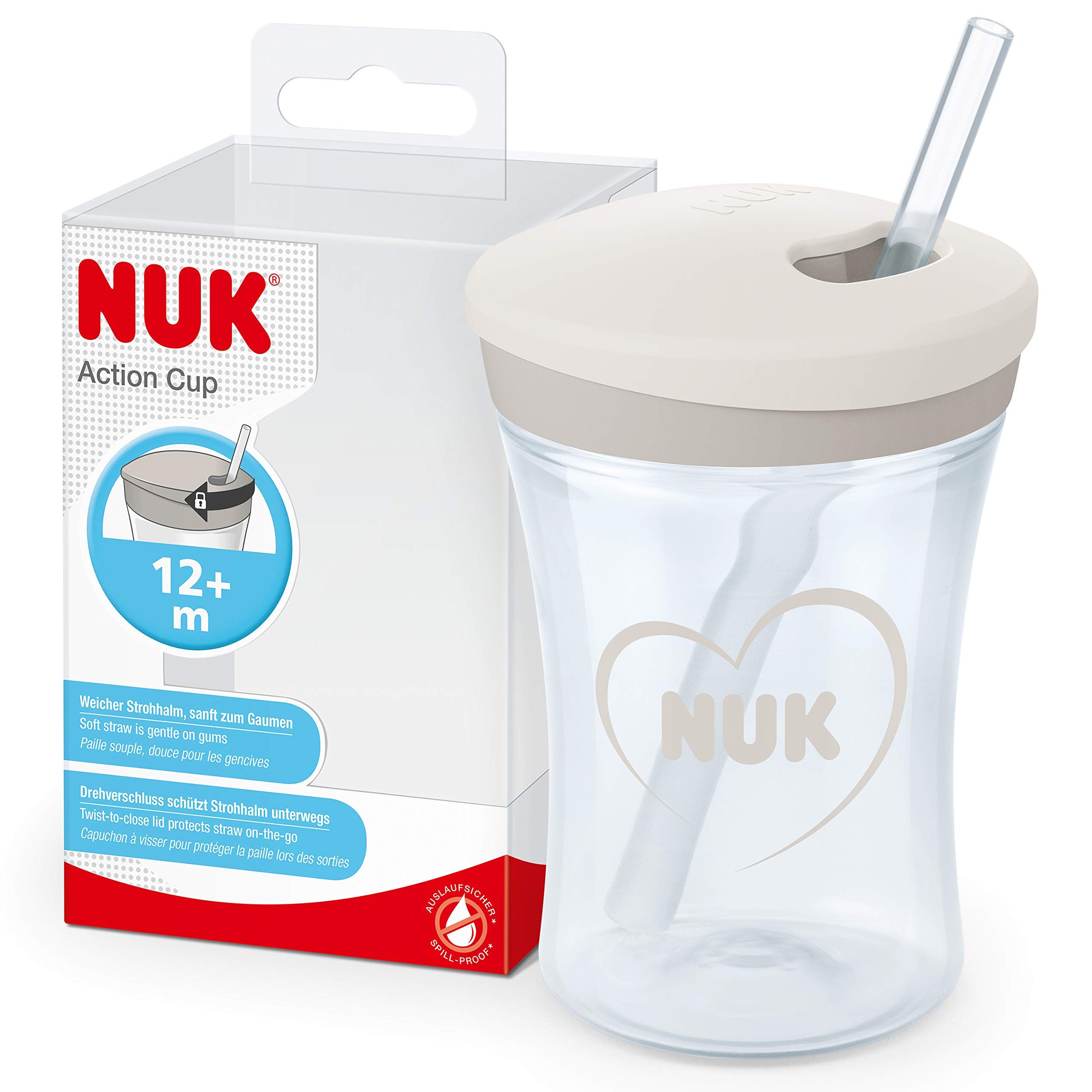 NUKAction Cup Toddler Cup | 12+ Months | Twist Close Soft Drinking Straw | Leak-Proof | BPA-Free | 230ml | Grey & White | 1 Count