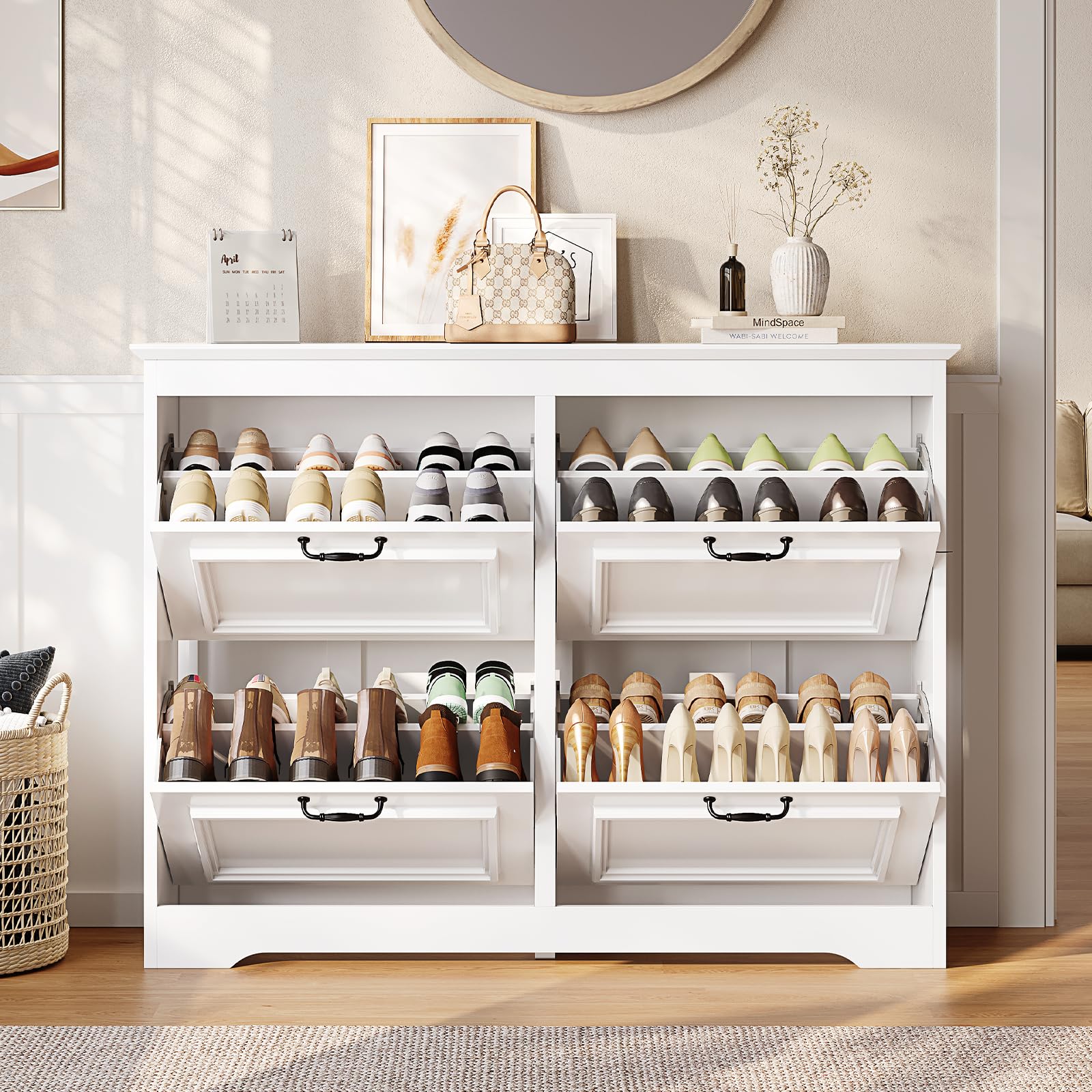 Brinlawb Meuble à Chaussures Entree, Armoire à Chaussures avec 4 Portes abattantes,Séparateur Réglable, Peut contenir 18 à 24 paires de chaussures Pour entrée, couloir, séjour, chambre,4 tiroirs Blanc