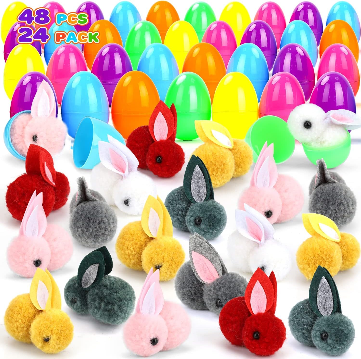48 Pcs Easter Egg Fillers Set with 24 Pcs Easter Eggs and 24 Pcs Easter Bunny Toys for Easter Hunt, Basket Stuffers Fillers, Classroom Prize Supplies, Filling Treats and Party Favor
