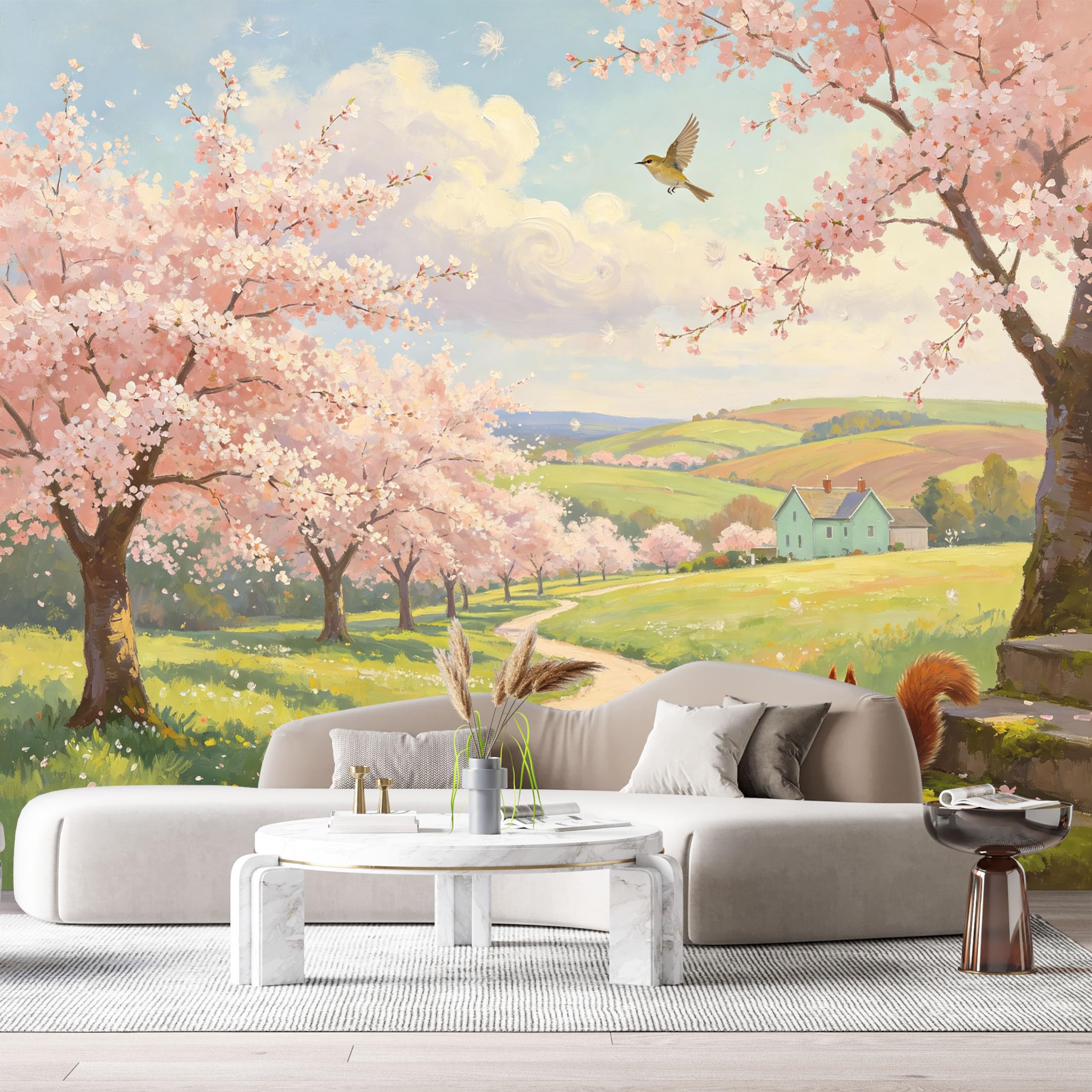 Custom Size Wall Murals Spring Cherry Blossom Tree Landscape Oil Painting Rural Farmhouse Path Squirrel Bird SelfAdhesive Wall Fabric Removable Large Wallpaper for Living Room
