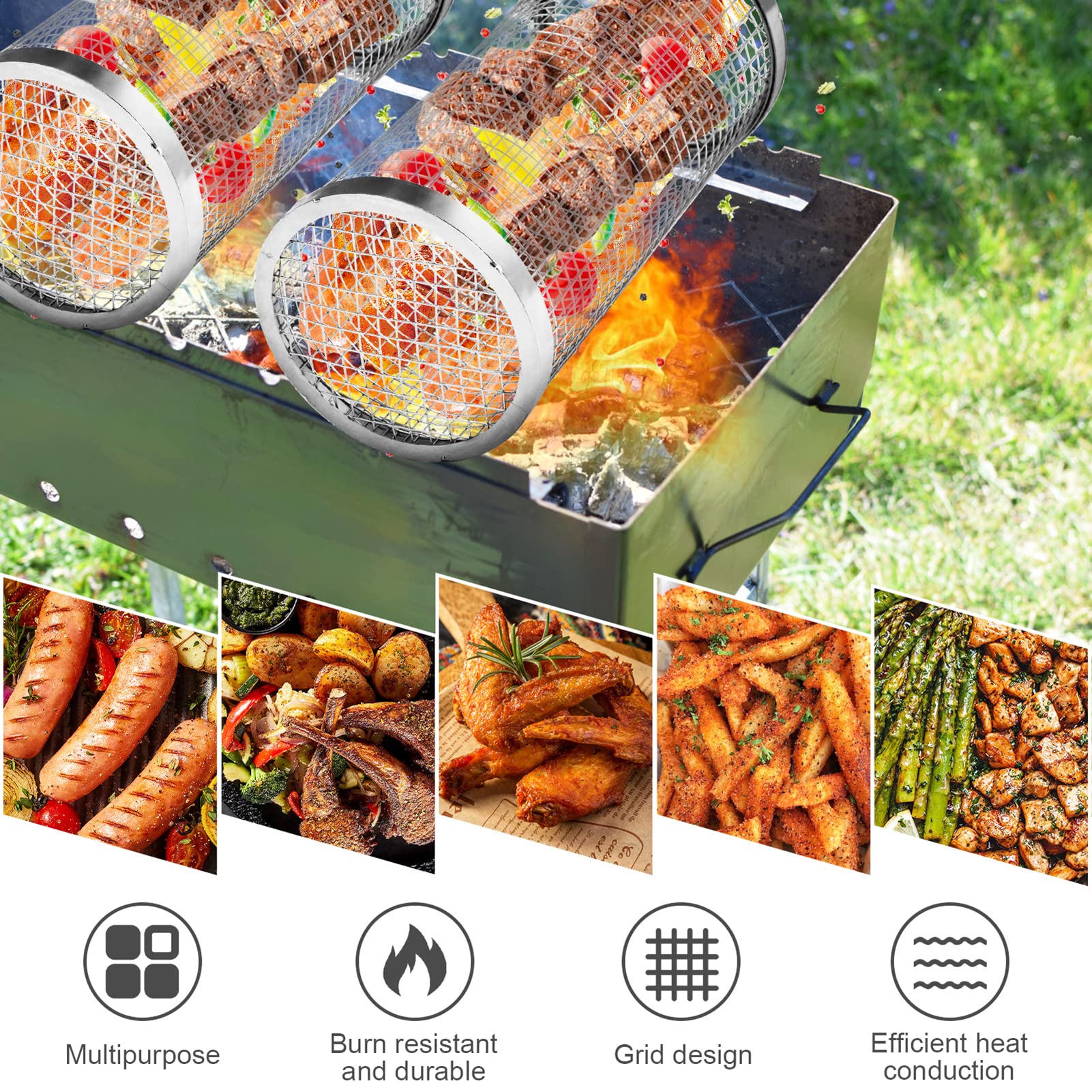 Koszyk do grilla okrągły ze stali nierdzewnej, na zewnątrz grill ze stali nierdzewnej kosz na ognisko grill kratka kemping piknik naczynia kuchenne, akcesoria do grillowania, L, 4 szt