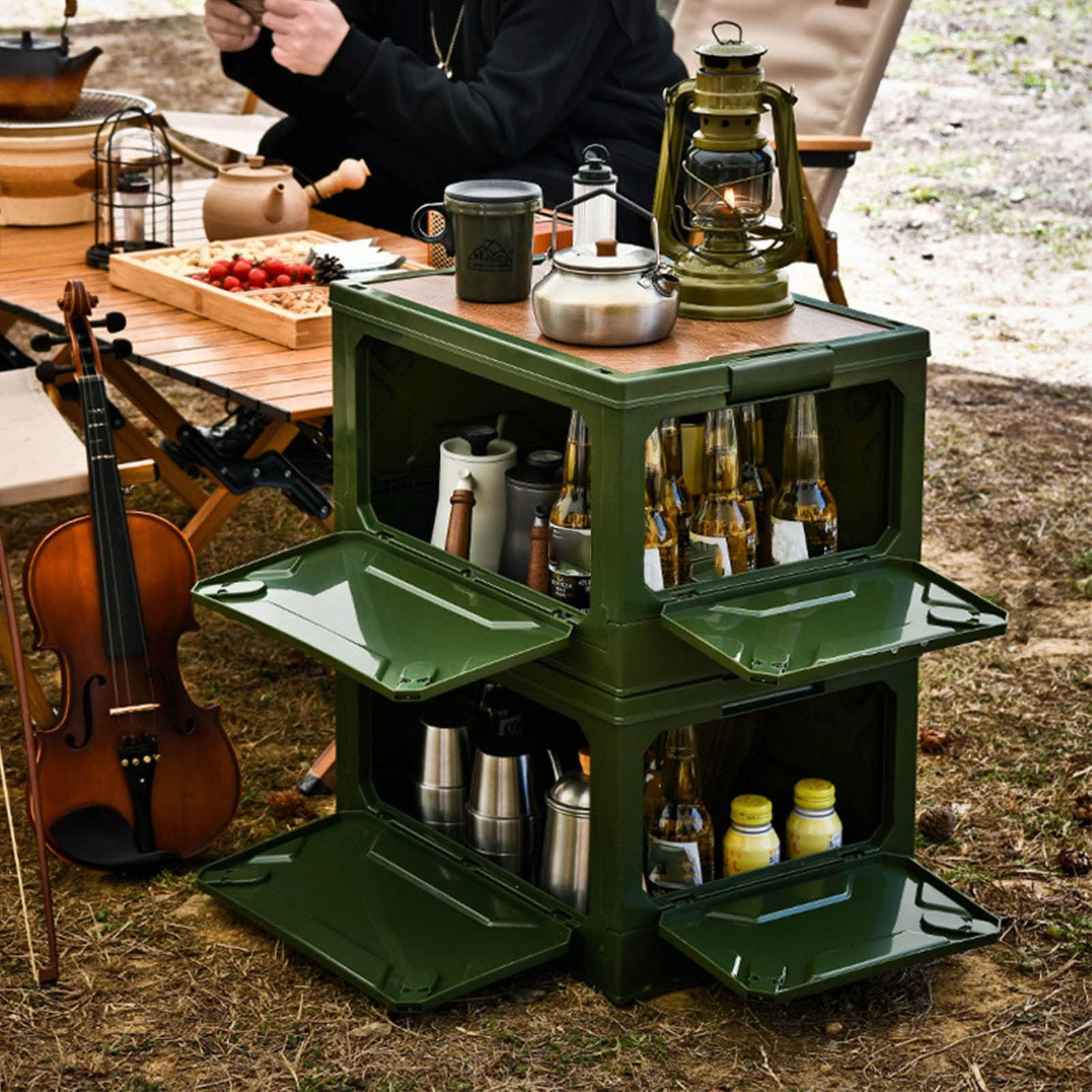 Ejoyous Boîte de Rangement de Camping 50L avec Couvercle en Bois, 4 Roues, Pliable, Vert OD