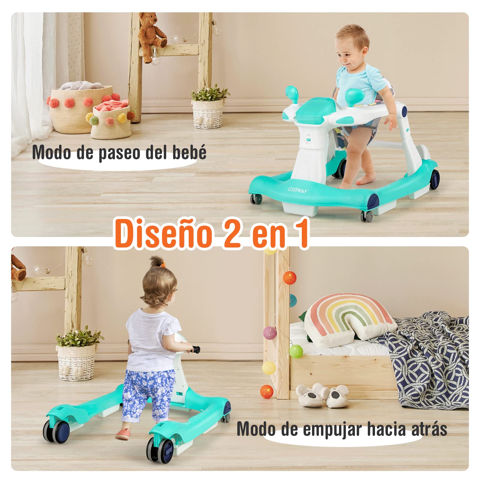 COSTWAY Andador 2 en 1 para Niños, Plegable con Altura y Velocidad Regulables, Carillón con Luces, Volante y Cojín Cómodo, de Empuje para Niños de 6 a 18 Meses