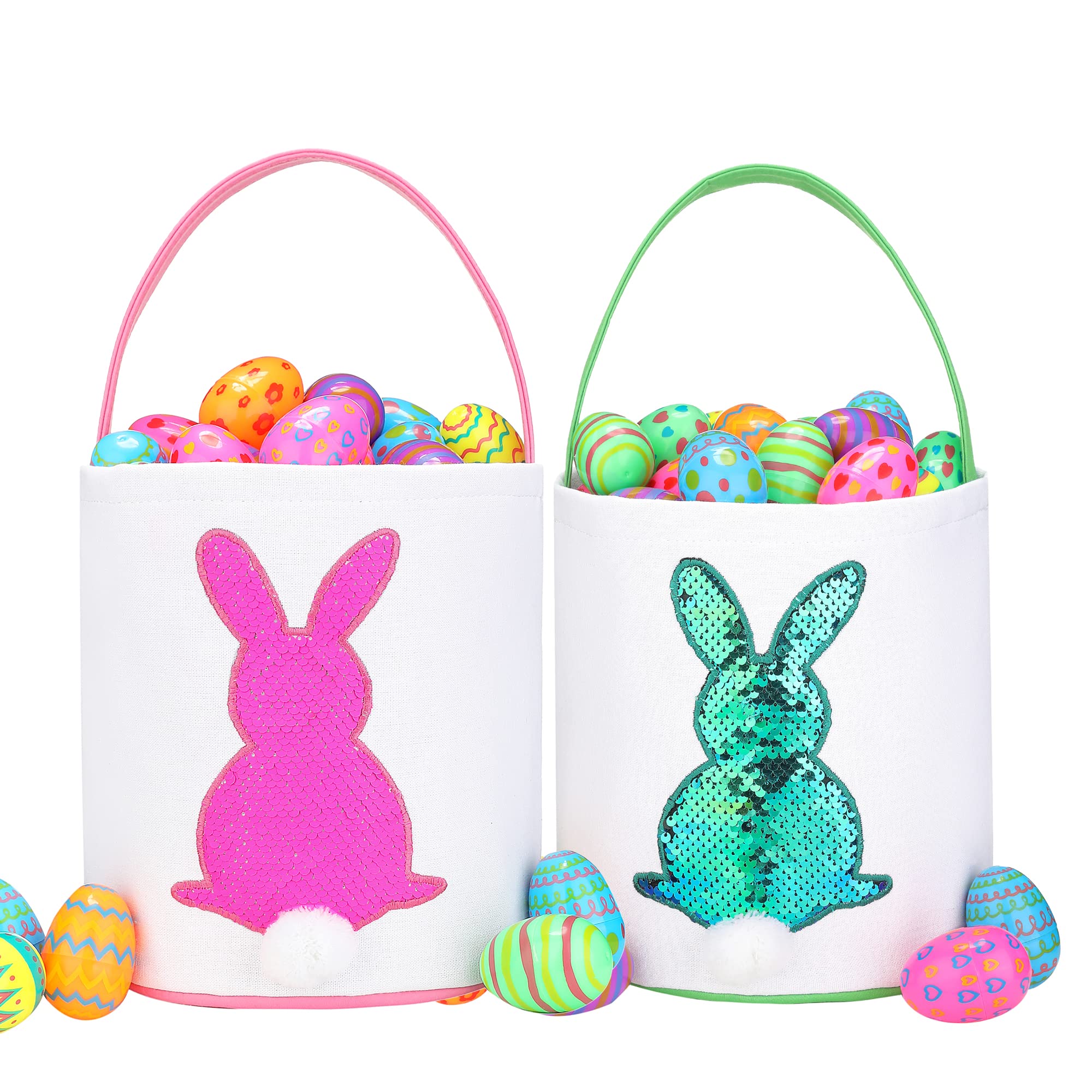 Easter Baskets for Kids - Boys and Girls Easter Egg Hunt Baskets, Cute Sequin Rabbit Bunny Printed Canvas Gift Basket for Baby, Easter Decorations Party Supplies (G-Green and Pink)