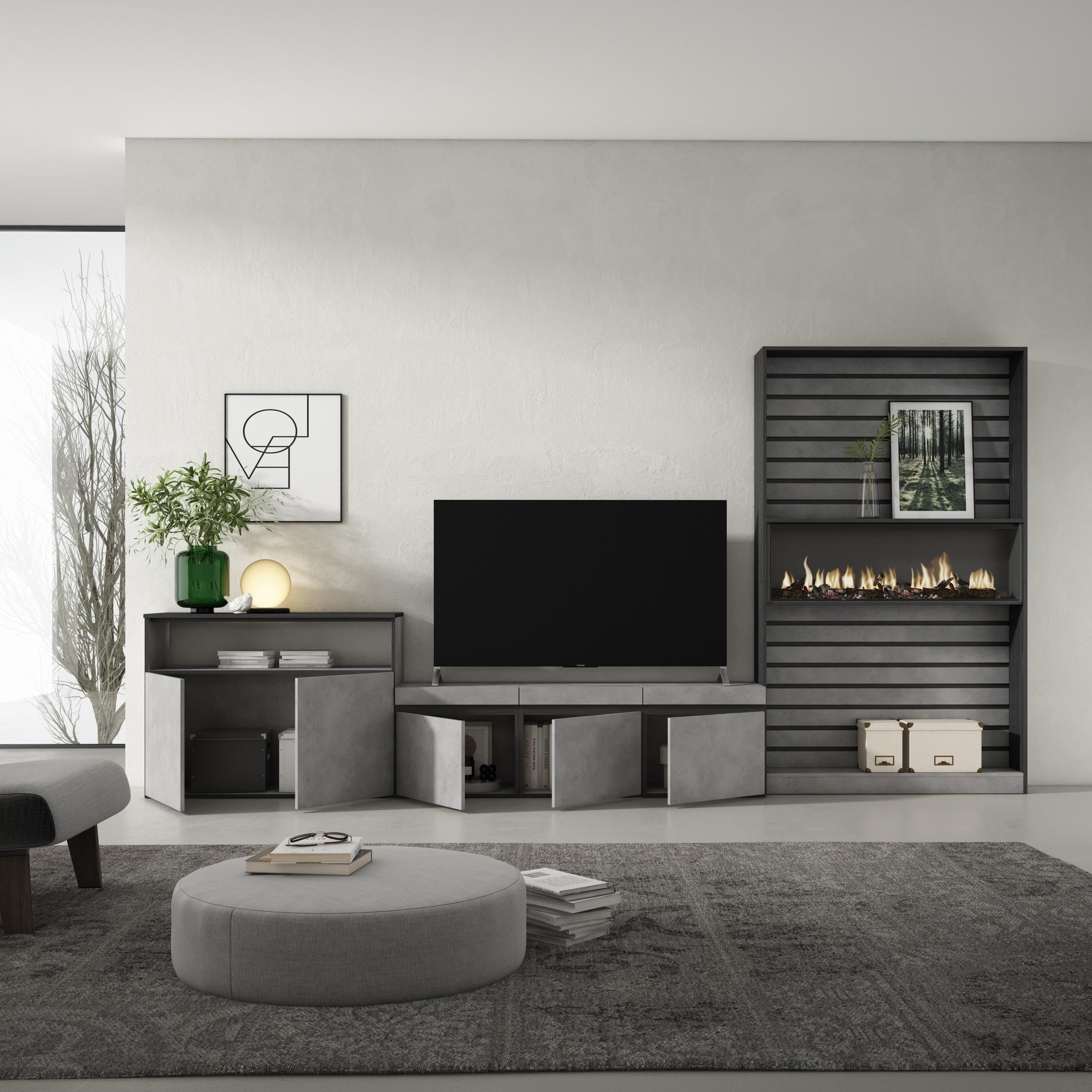 Skraut Home | Mobile Soggiorno TV | Parete Attrezzata Soggiorno | 360x186x35cm | Per TV fino a 65" | Camino elettrico | Stile moderno | Cemento