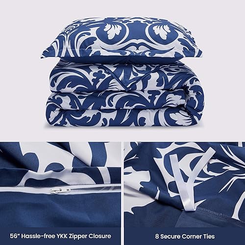 Miniatura 4 de SLEEP ZONE Juego de funda de edredón estampado de flores barroco 120 gsm, cierre de cremallera ultra suave, lazos de esquina, azul barroco, king