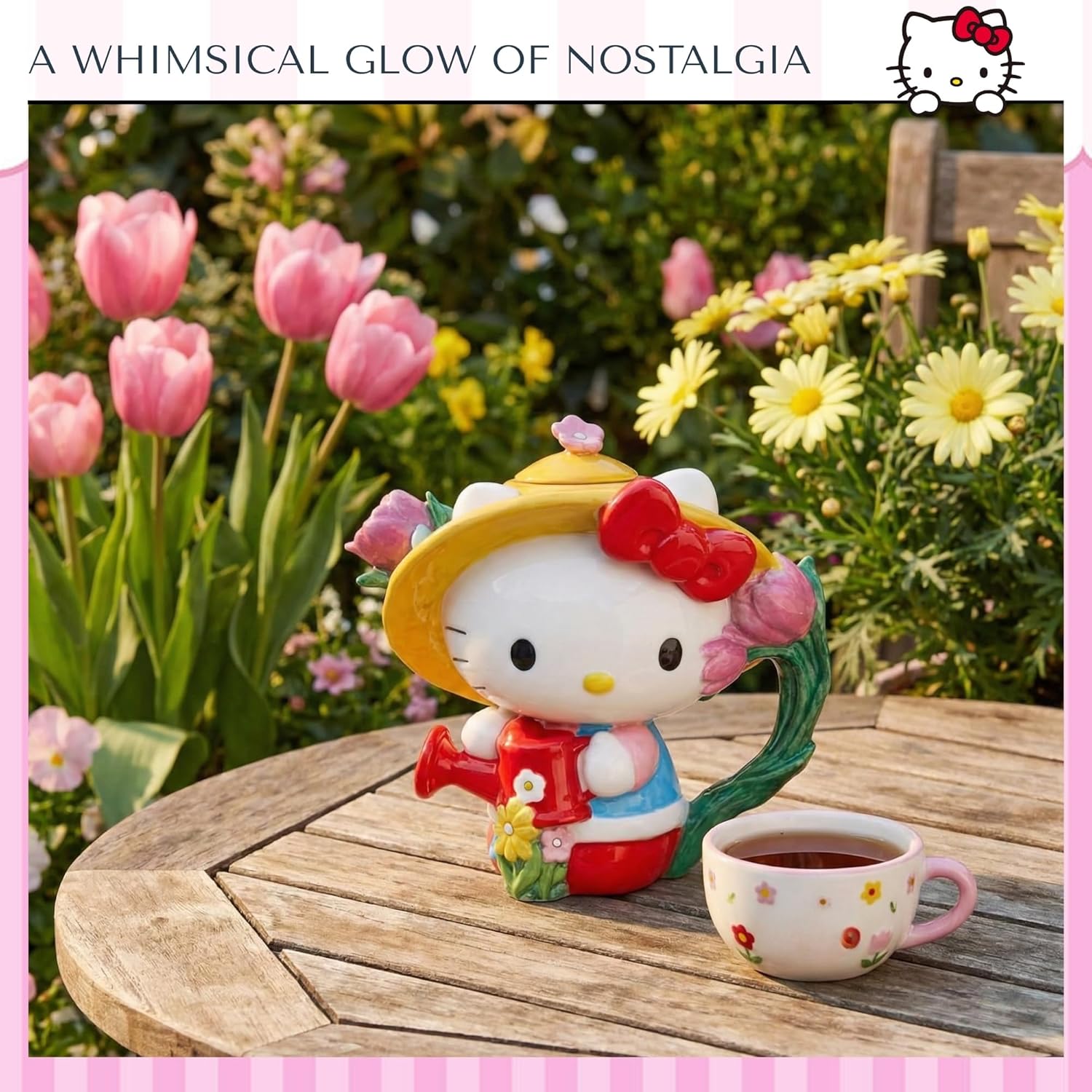 Blue Sky Clayworks Hello Kitty Teapot, Ceramic, 8" L x 5" W x 8" H, Sunny Watering-Can Pour