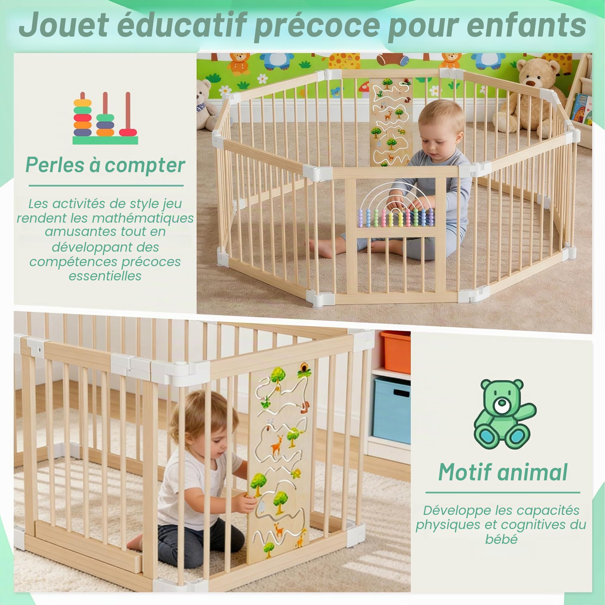 UISEBRT XXL Parc pour bébé en bois avec 2 centres de jeu, taille et forme ajustables, parc avec double sécurité, pliable, parc pour bébé avec 8 éléments, clôture de séparation pour bébés et jeunes