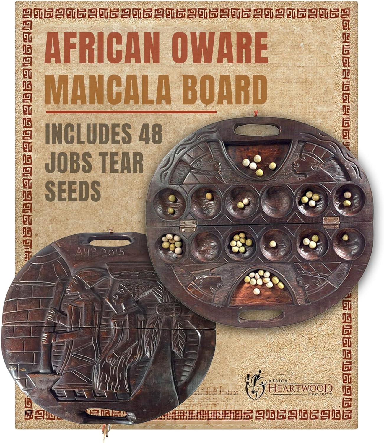 Africa Heartwood Project African Oware Mancala Board - Deluxe Circular Shape with Handle, Hand-Carved, Solid Wood with Detailed Designs, Wooden Folding, 48 Seeds and Instructions Included