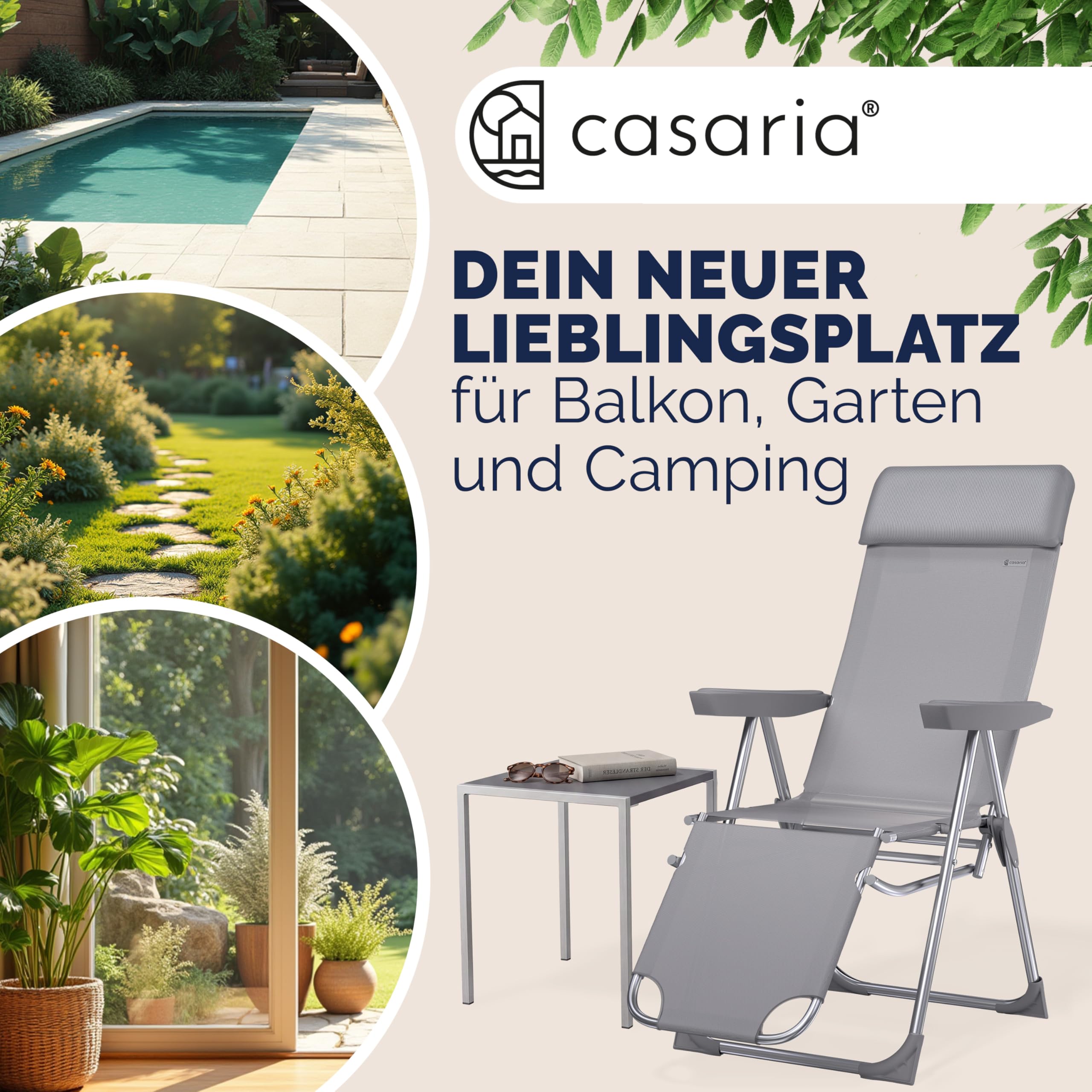 Casaria® Gartenstuhl mit Fußteil 2er Set 6fach Verstellbar Liegefunktion Alu Faltbar Klappbar Hohe Rückenlehne Campingstuhl Klappstuhl Hochlehner Grau