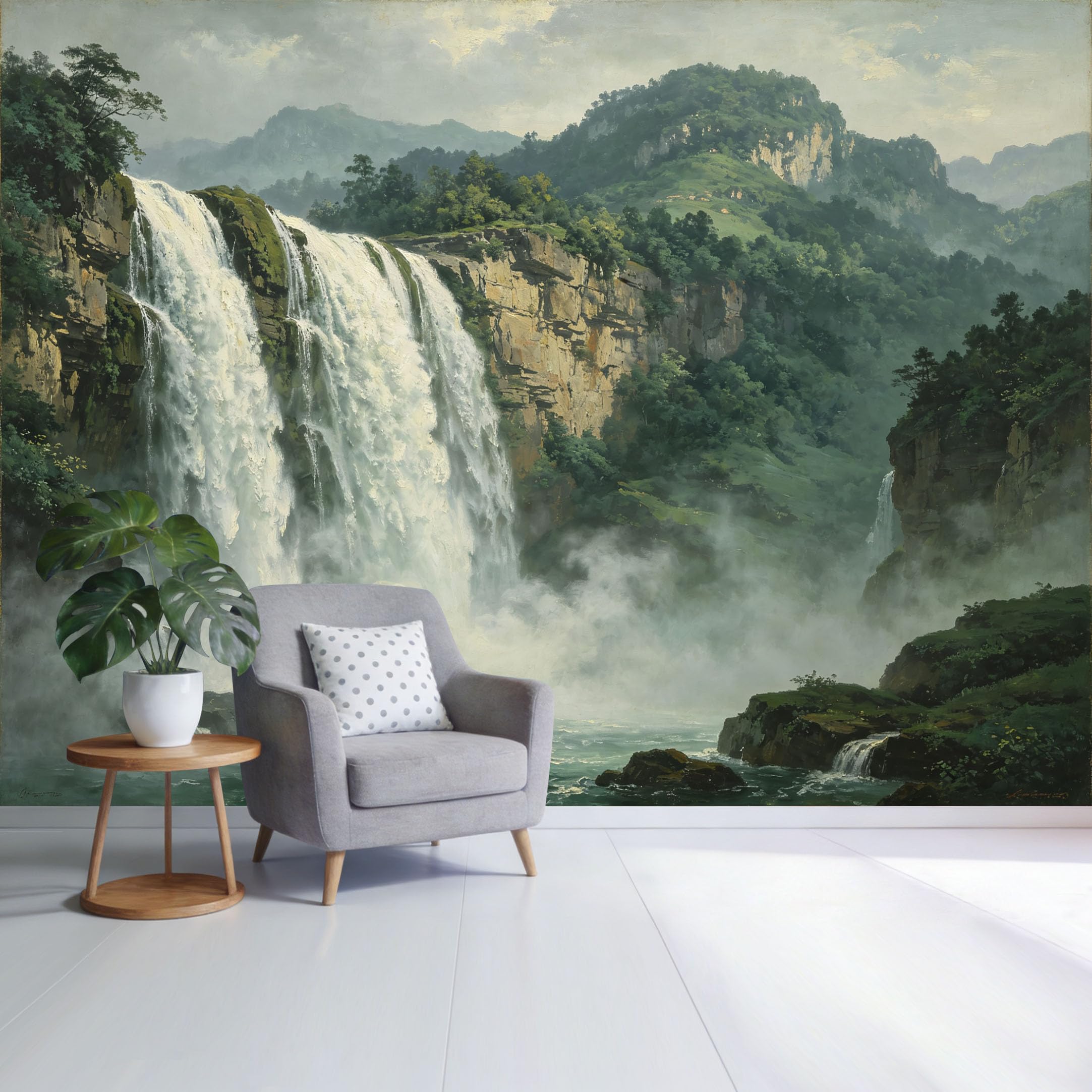 Custom Size Wall Mural Majestic Waterfall Mountain Landscape Misty Forest Nature Scene Oil Painting Style SelfAdhesive Wall Fabric Removable Wallpaper for Home Office Decor