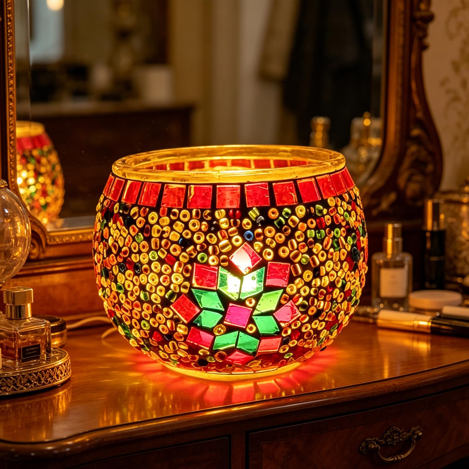 shulovehua Turkish Mosaic Lamp Simple Colorful Round Glass DIY Kit Tealight Desk Ornament Creative Night Light for Balcony Garden Bedroom Party Decor Teen Handmade Activity