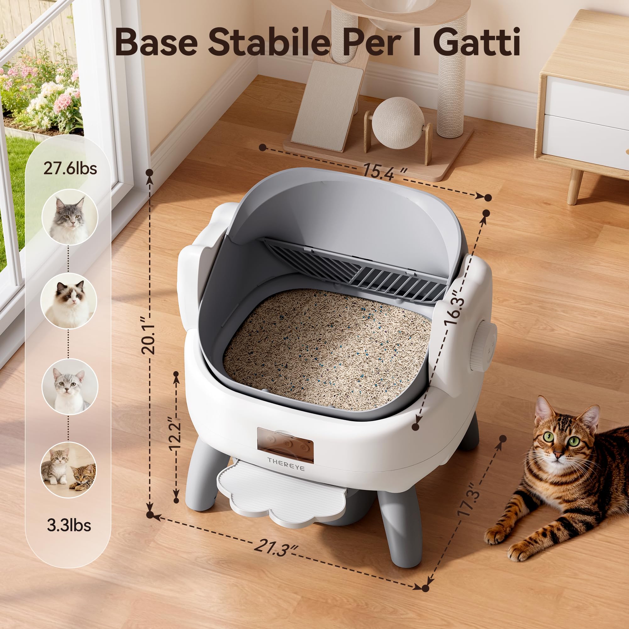 Thereye Lettiera Automatica Senza Coperchio, 11 Sensori Sicurezza, App Wi-Fi 2,4GHz, Vano Rifiuti 10L Anti-Odore Silenzioso, Garanzia 2 Anni Sola Sostituzione per Gatti Piccoli e Medi