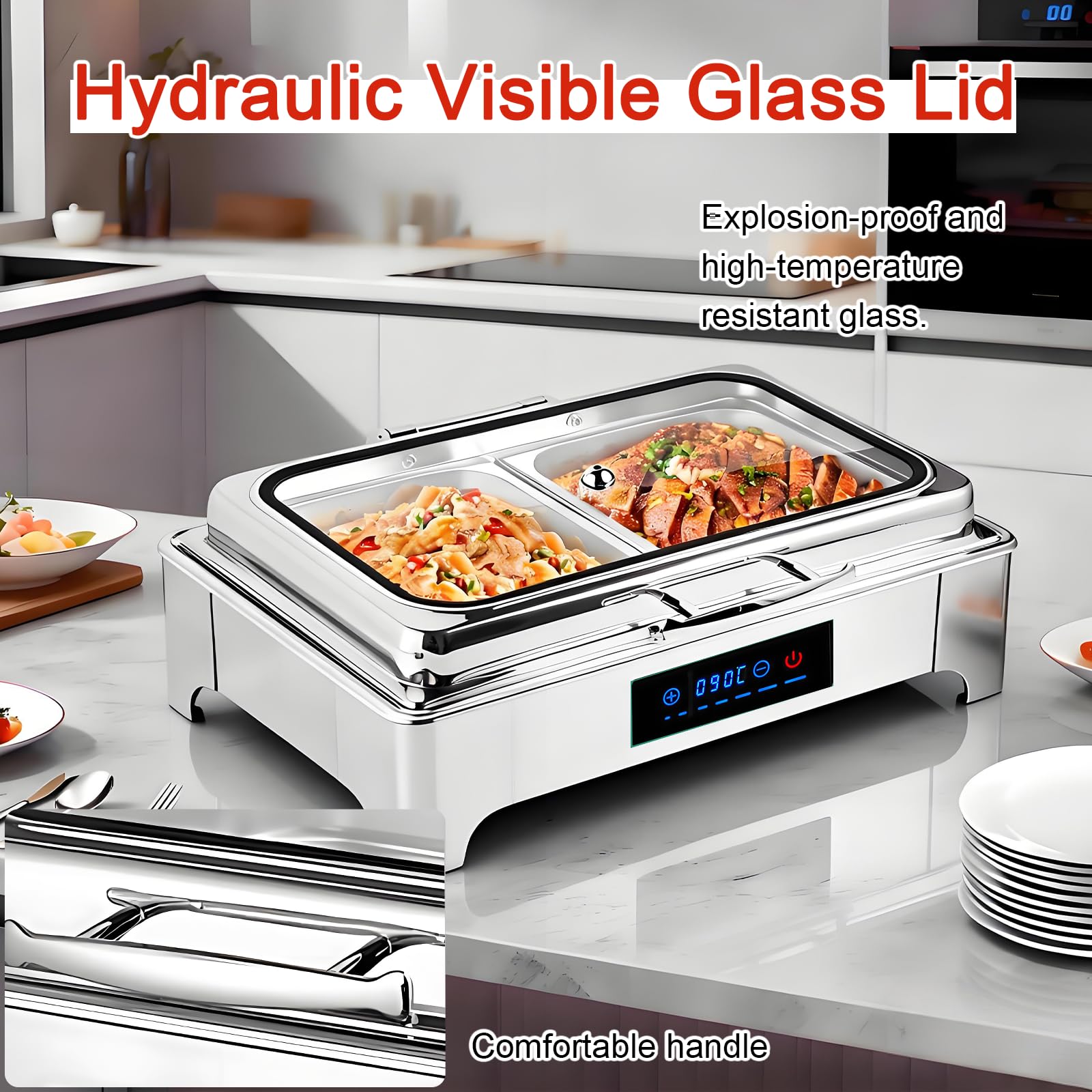 Chafing Dish Buffet Elettrico 9L(1/2 Pan) | Professionale Scaldavivande Buffet Elettrico Acciaio Inox Temperatura Regolabile per Catering Buffet con Coperchio in Vetro