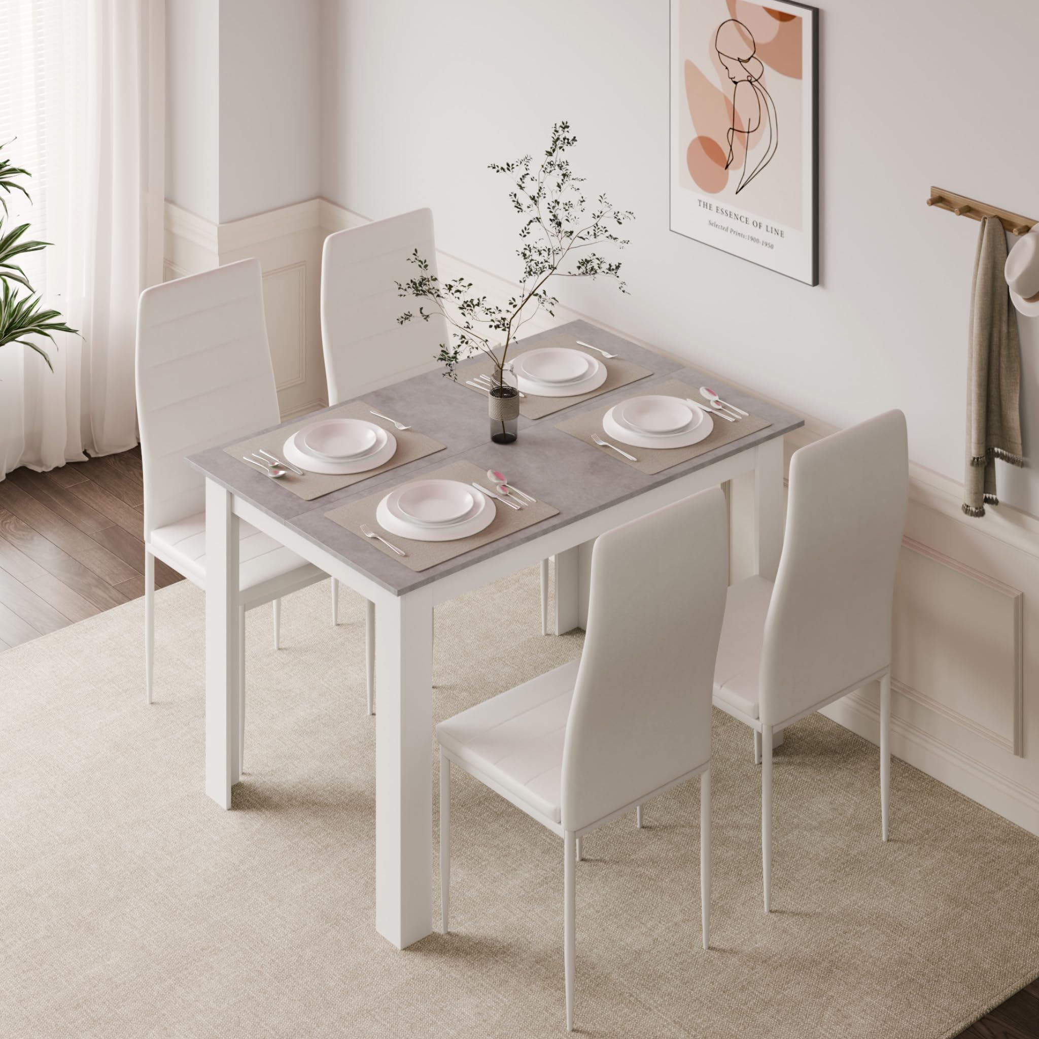 Mondeer Tavolo da pranzo, 120 x 80 cm, moderno, per 4 persone, in legno, rettangolare, per sala da pranzo, cucina, soggiorno, grigio e bianco