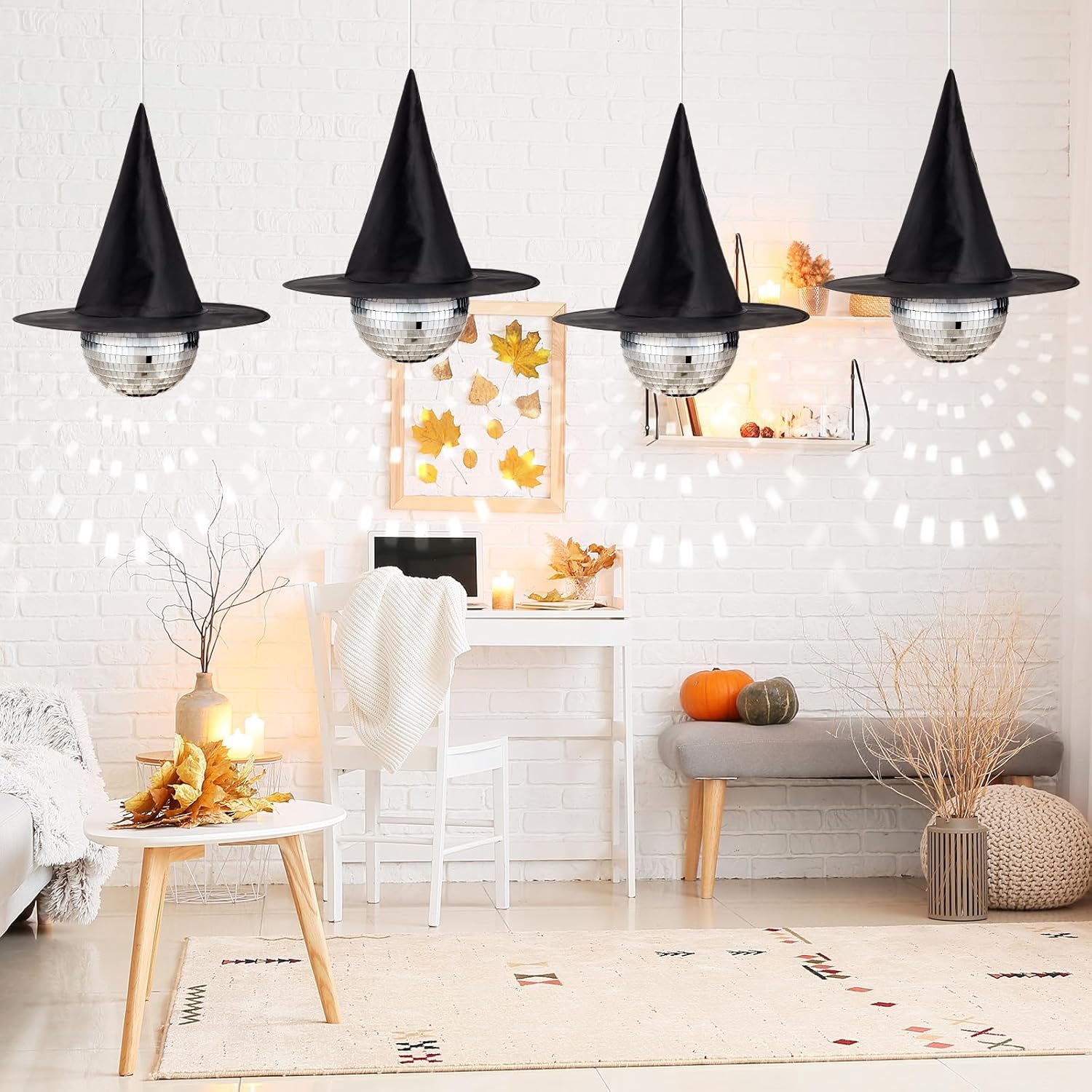 4 Set Large Halloween Hanging Mirror Disco Ball Ornaments with 15 Inch Black Witch Hat Halloween Hanging Decorations for Tree Party Stage Home Decor