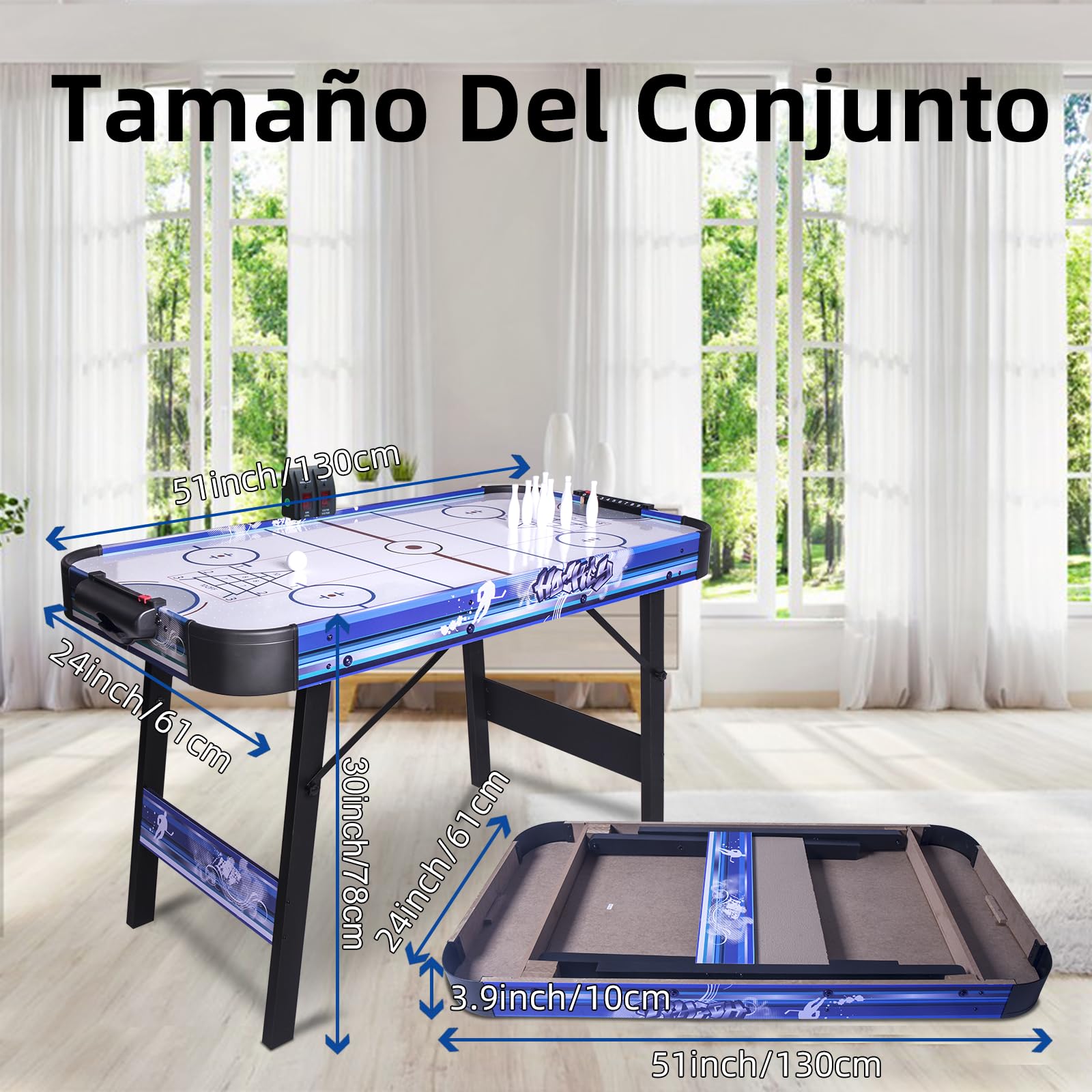 HLC Mesa Multijuego 3 en 1, Air Hockey Mesa, Bowling, Shuffleboard, con Ventilador de 12 V, Tamaño 130 x 61 x 78 cm