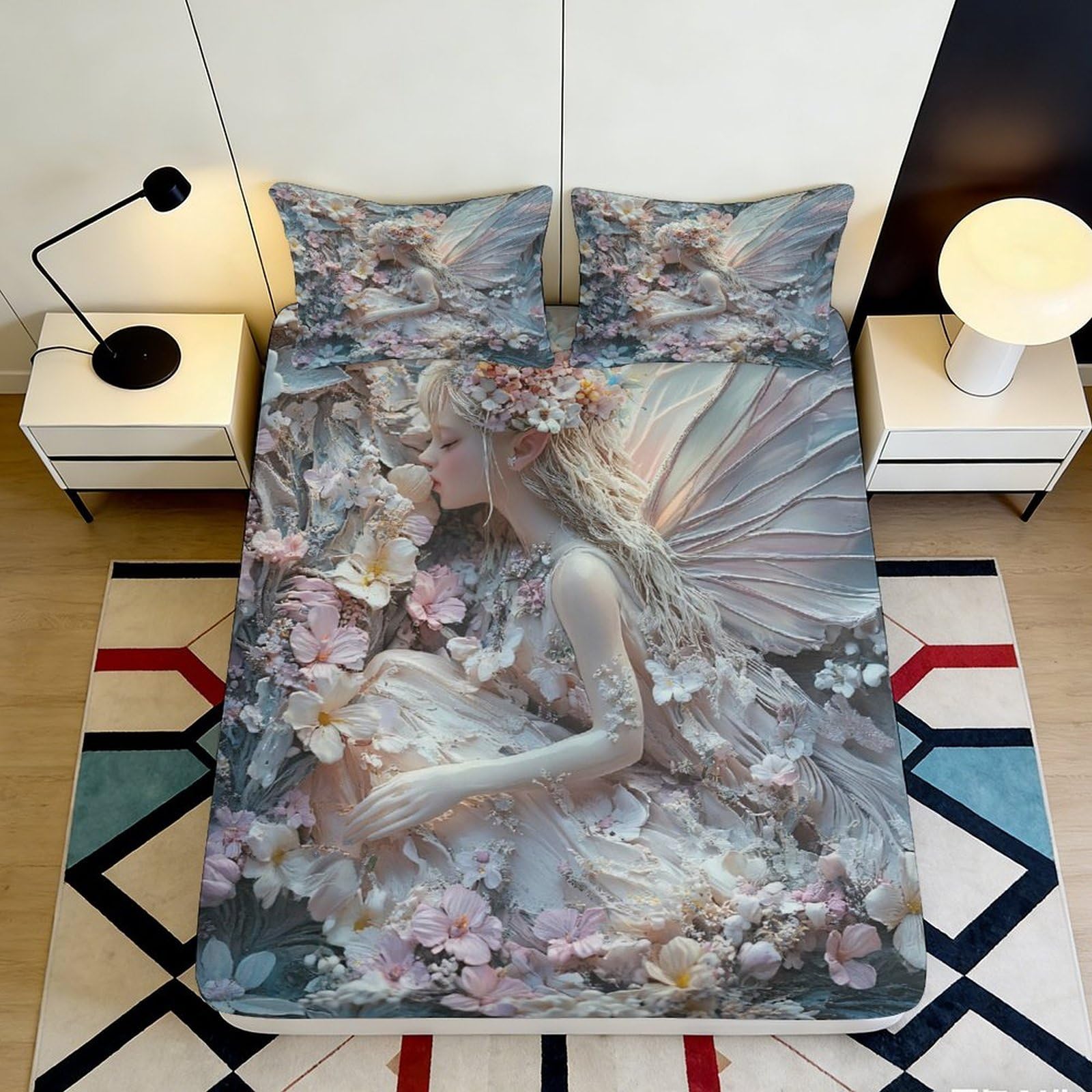 3D Printed Fairy Dream Fitted Sheet Microfiber Soft Pastel Flowers Mattress Cover for Bedroom Guest Room Decor 90x200x25cm